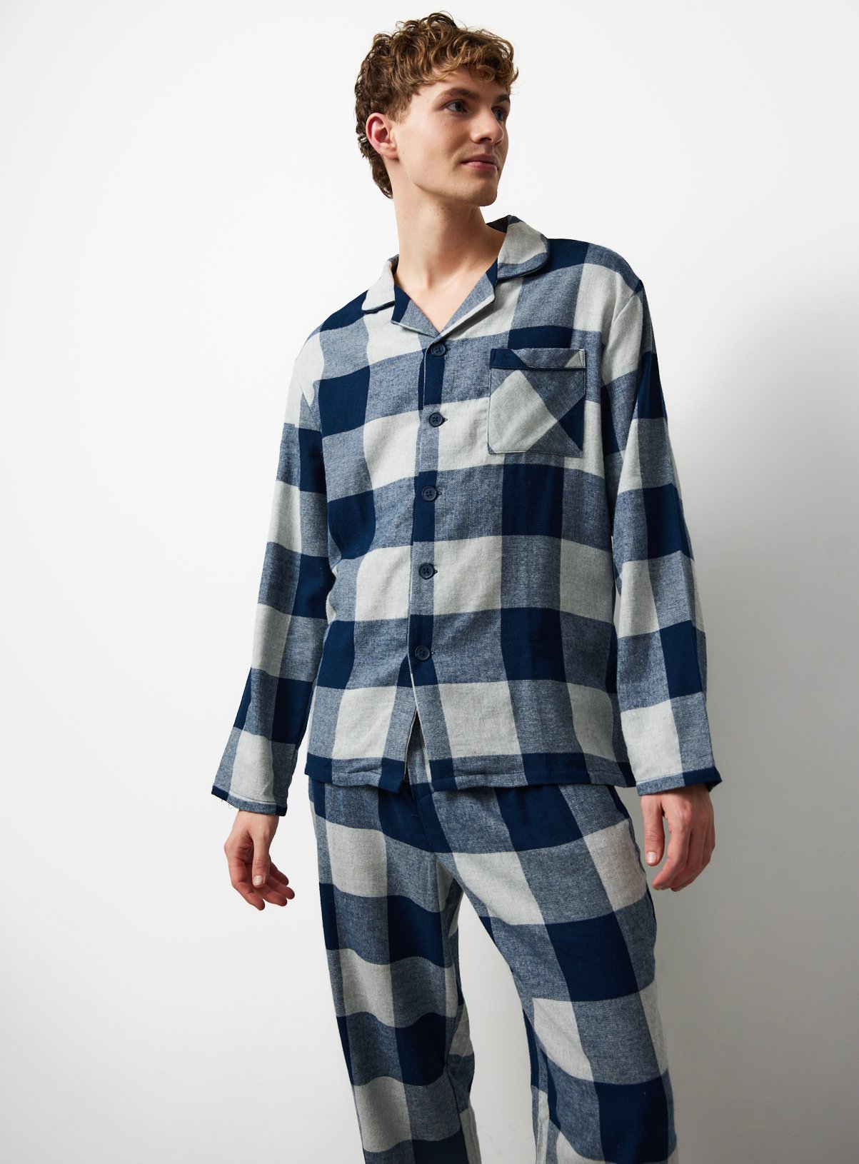 Navy Buffalo Check Brushed Traditional Pyjamas 