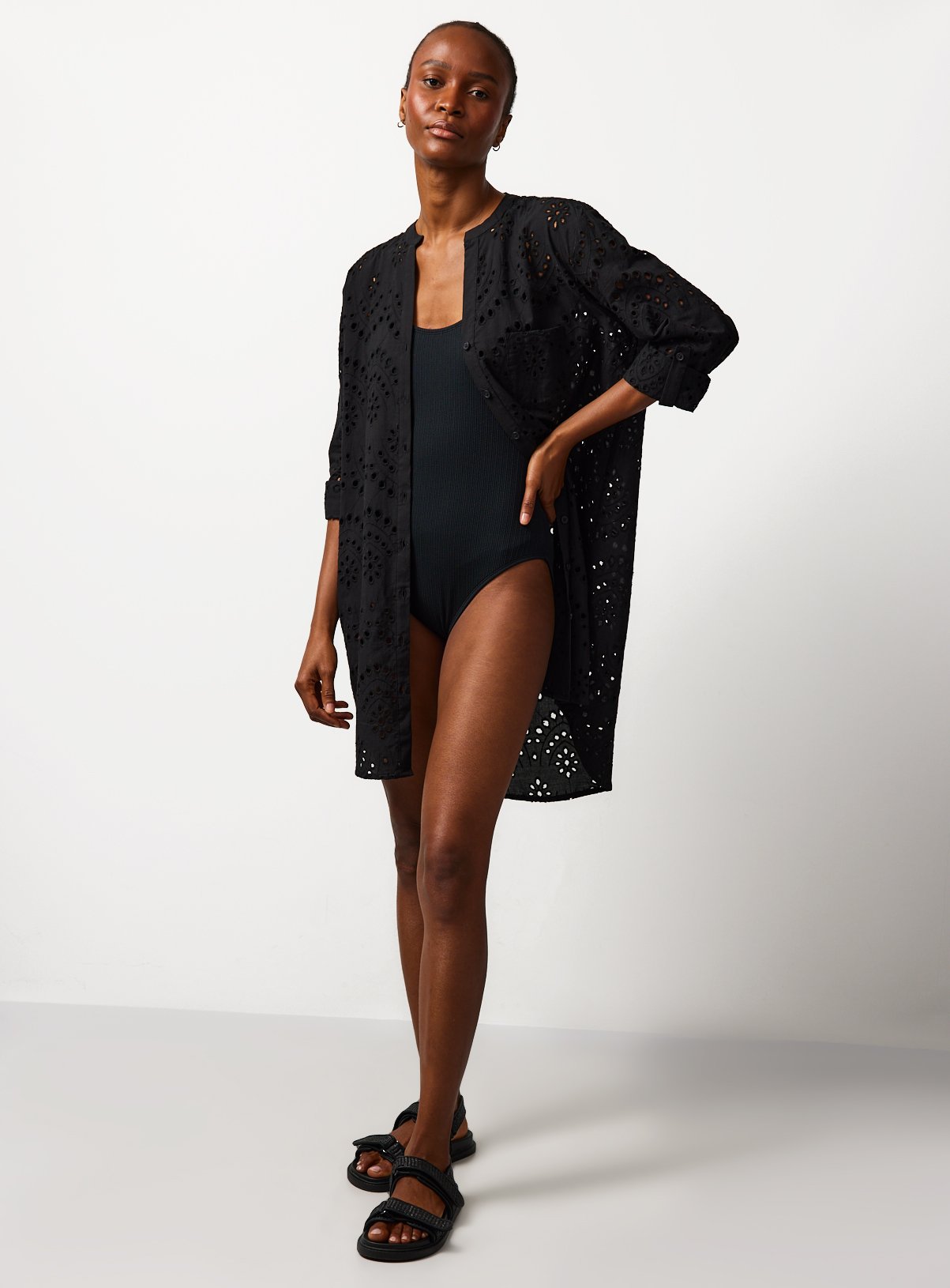 Black Lightweight Boho Pattern Beach Shirt L