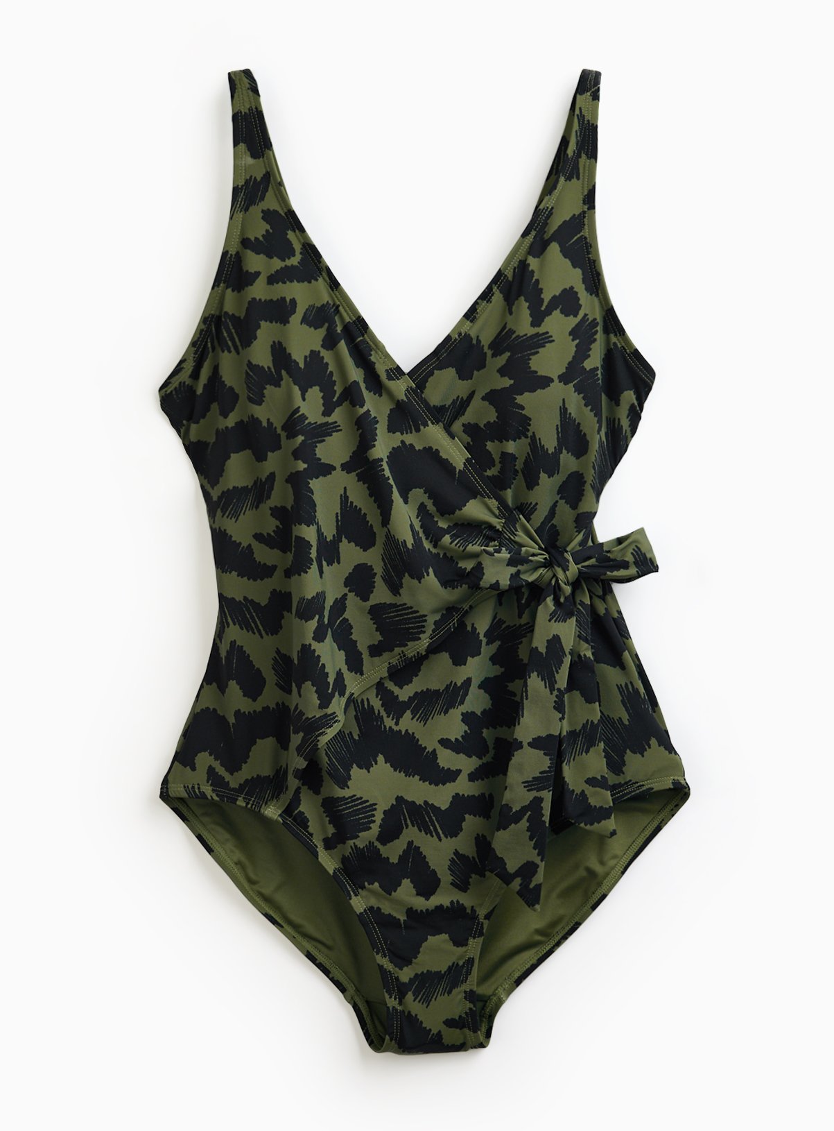 Khaki Printed Wrap Front Swimsuit 