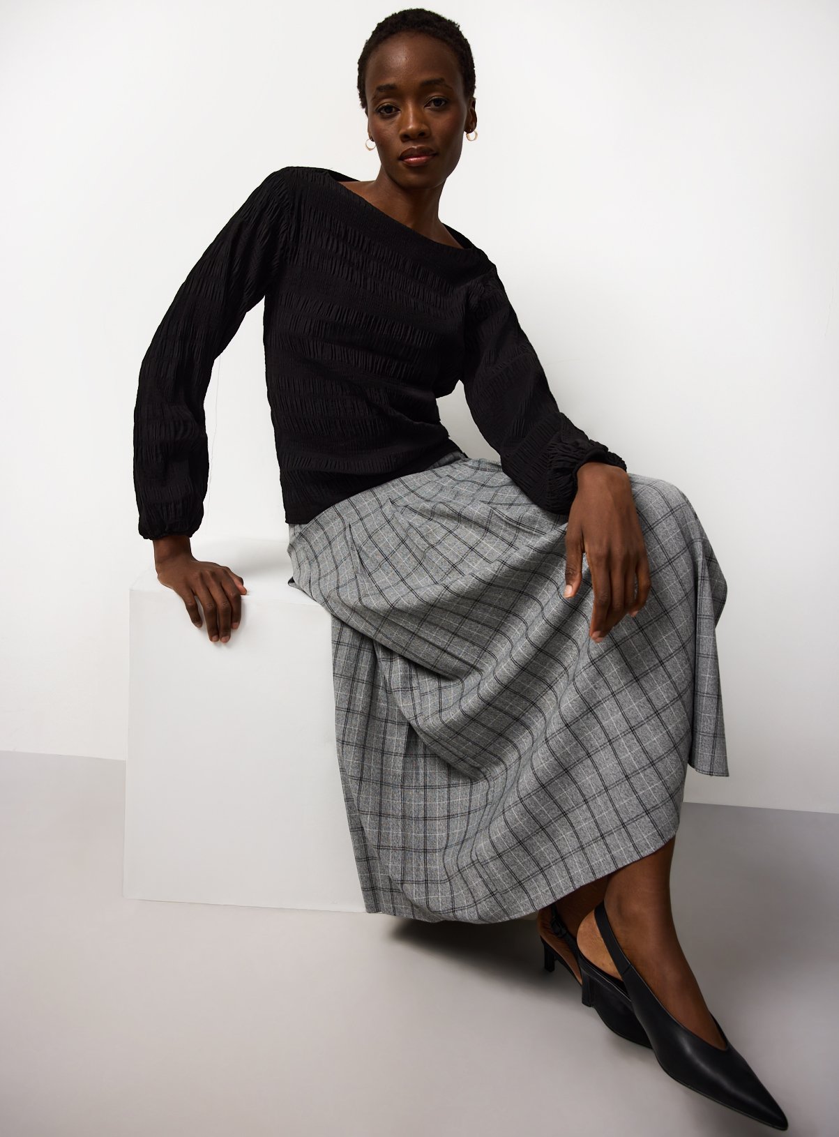 Black Shirred Boat Neck Top 24
