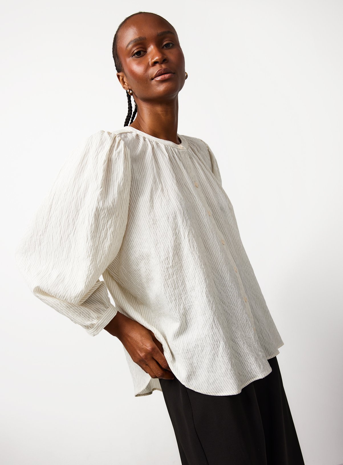 Cream 3/4 Stripe Button Through Blouse 16