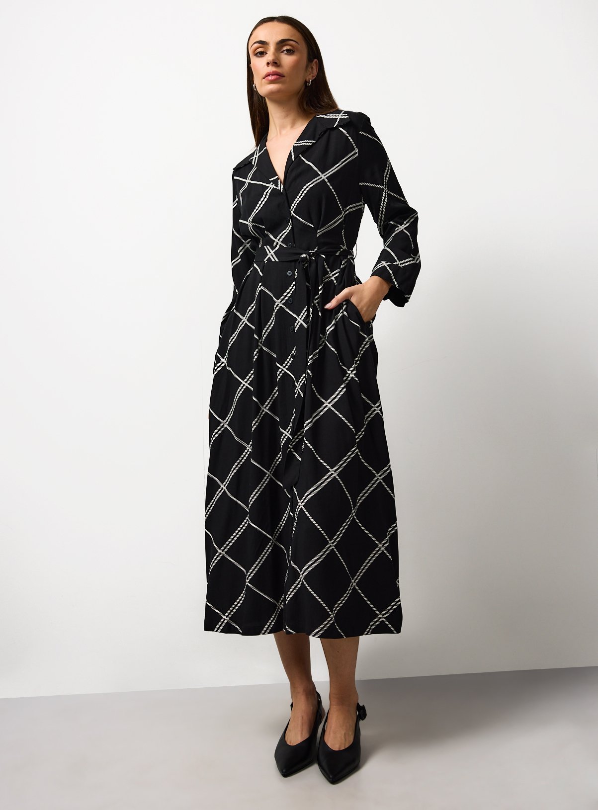 Checked Belted Midi Shirt Dress 