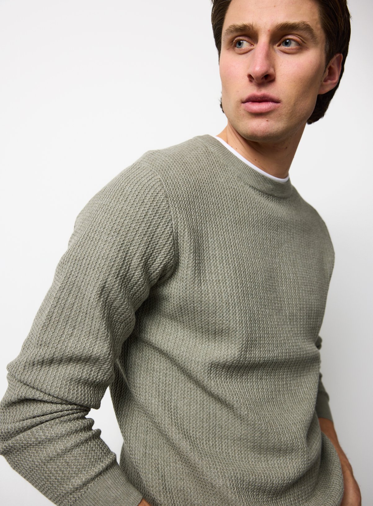 Khaki Textured Crew Neck Jumper M