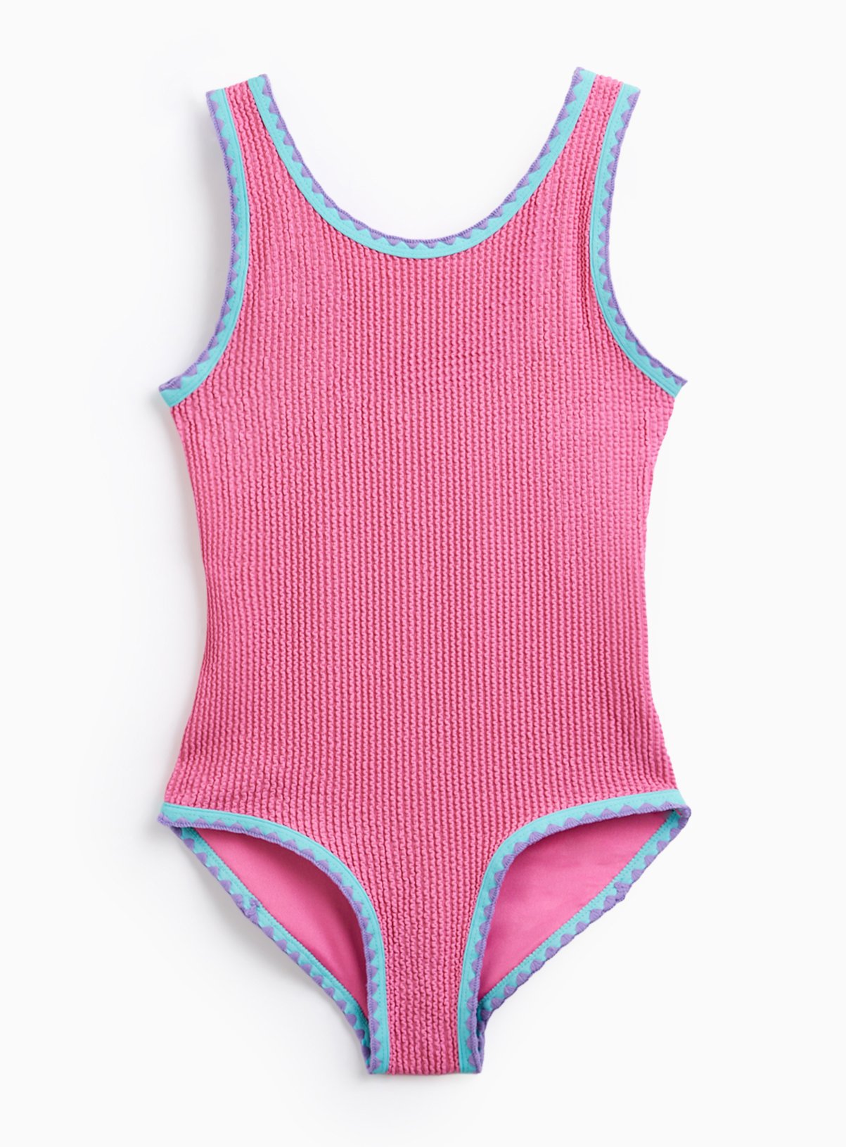 Pink Crinkle Fabric Blanket Stitch Trim Swimsuit 