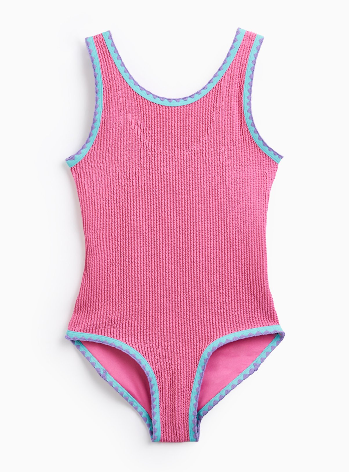 Pink Crinkle Fabric Blanket Stitch Trim Swimsuit 