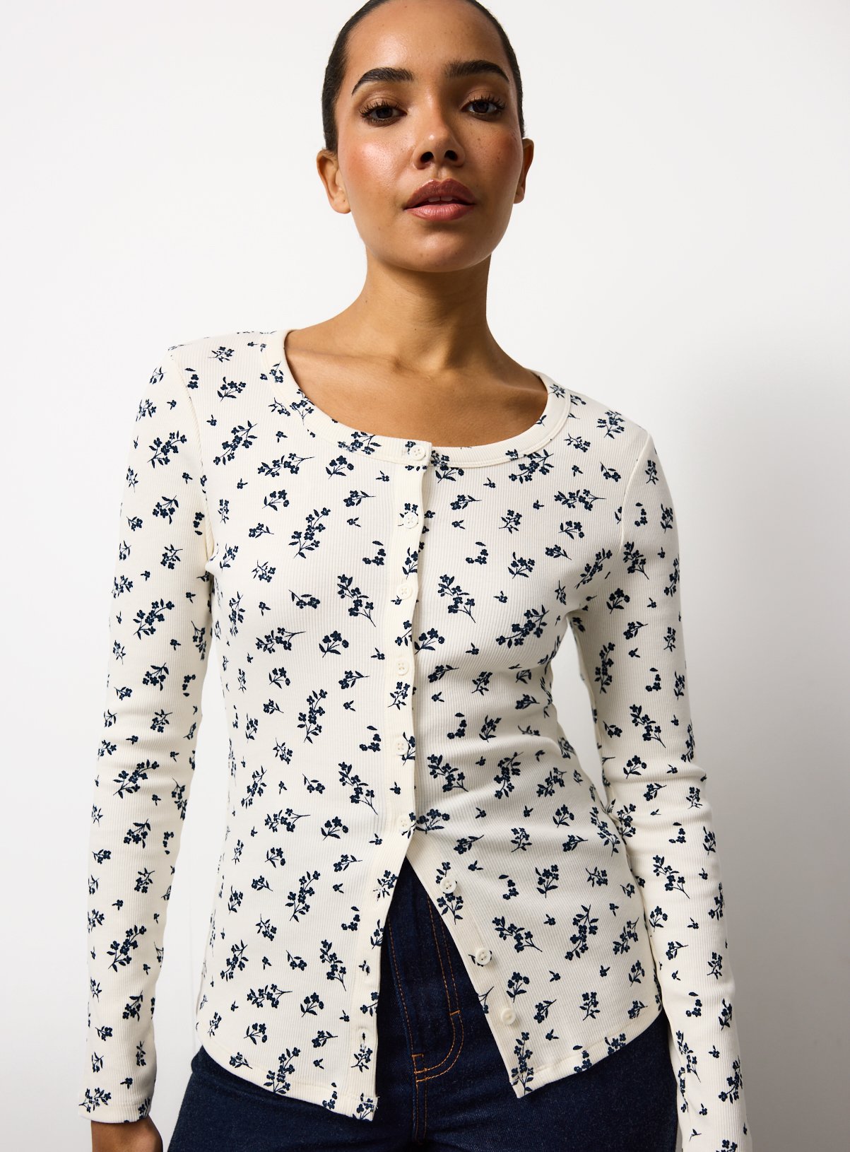 The Cream Floral Ribbed Button Through Slim Fit Top 6