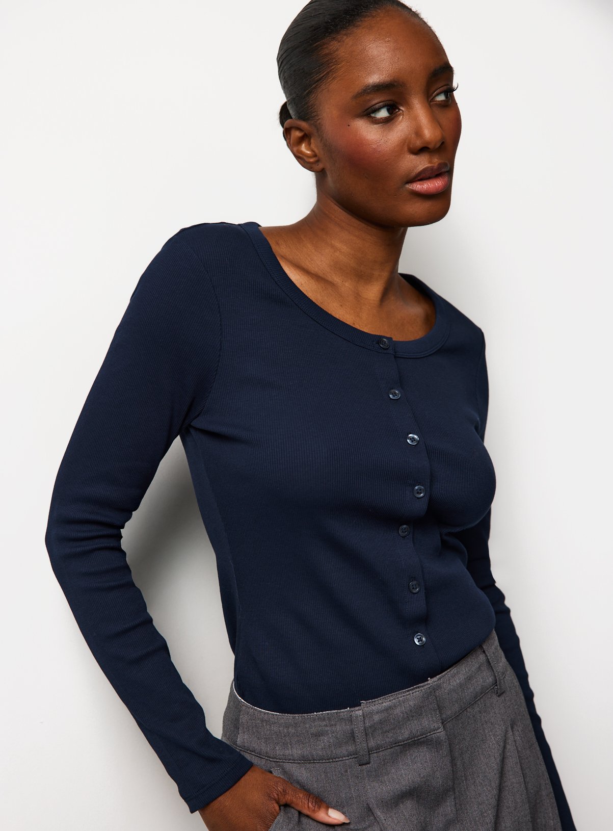 The Navy Ribbed Button Through Slim Fit Top 24