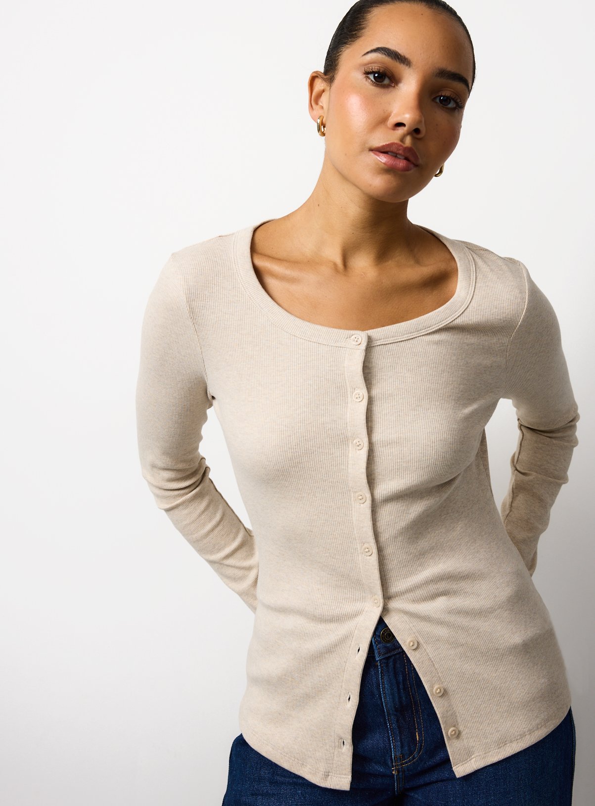The Oatmeal Ribbed Button Through Slim Fit  Top 8