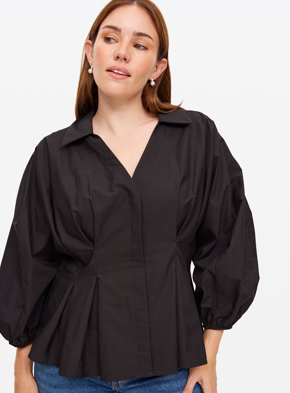 Black Cinched Waist Volume Sleeve Shirt 