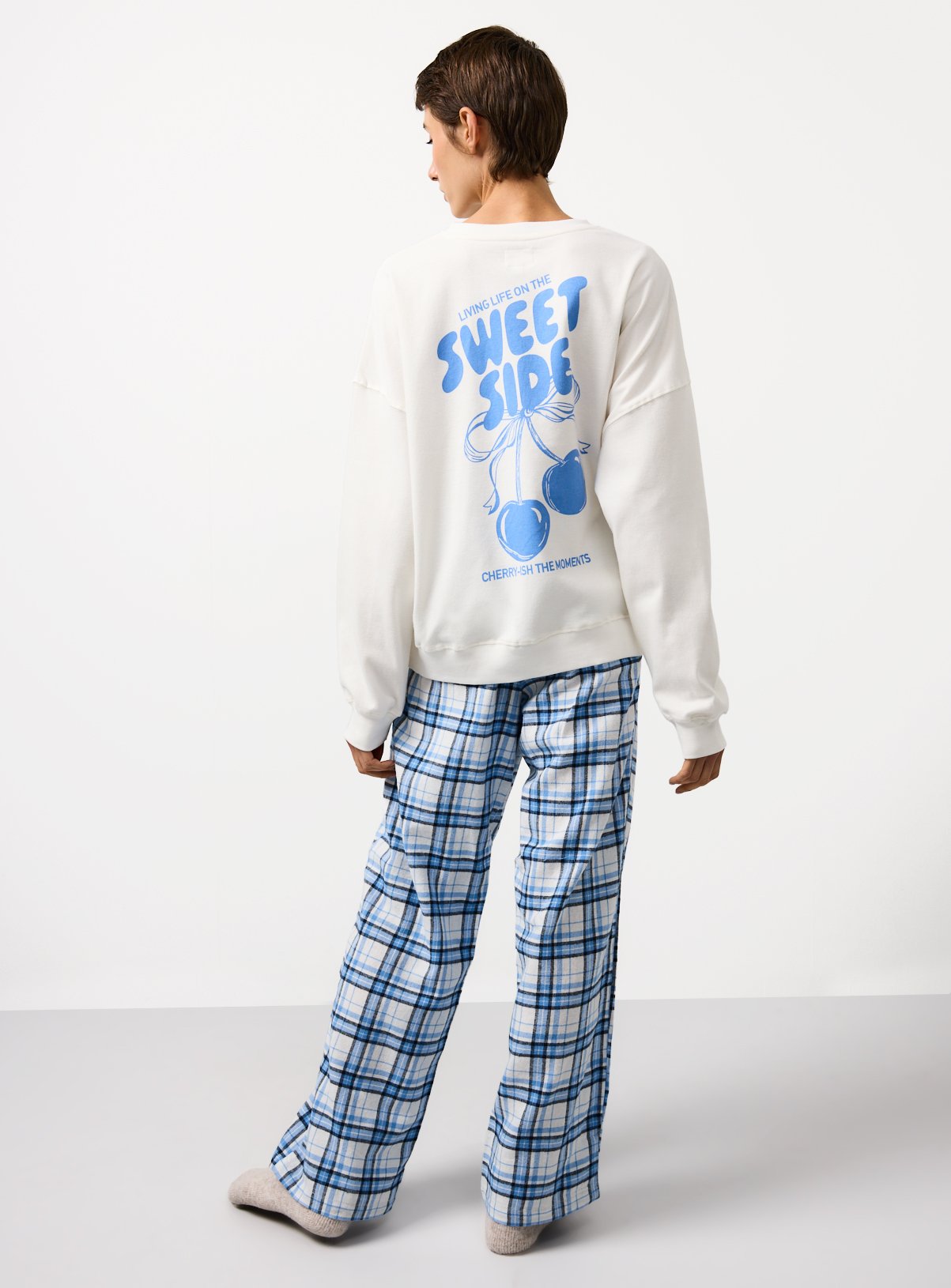 Sweet Side Slogan Blue Check Printed Pyjamas 