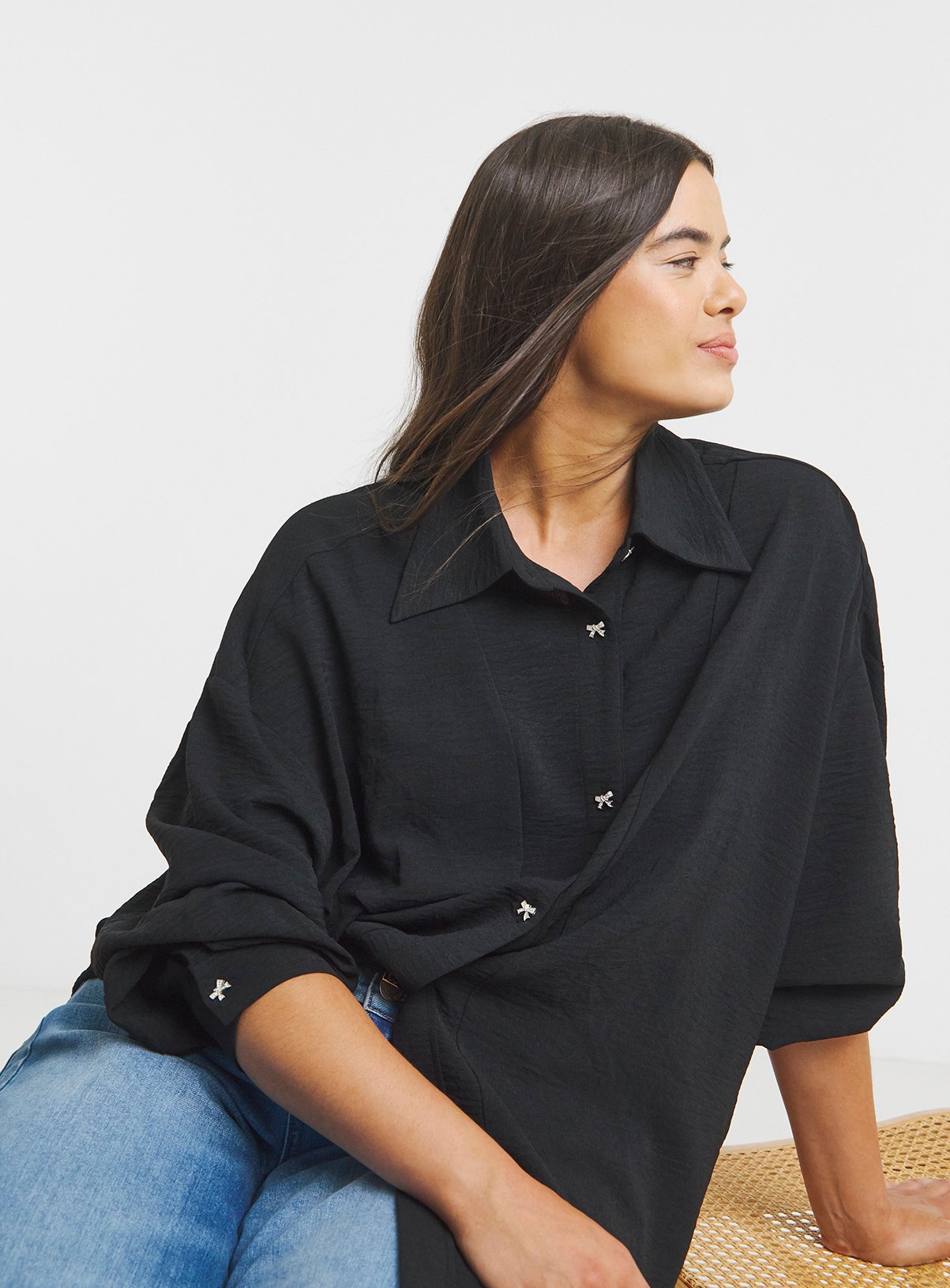 SIMPLY BE Bow Button Detail Shirt 
