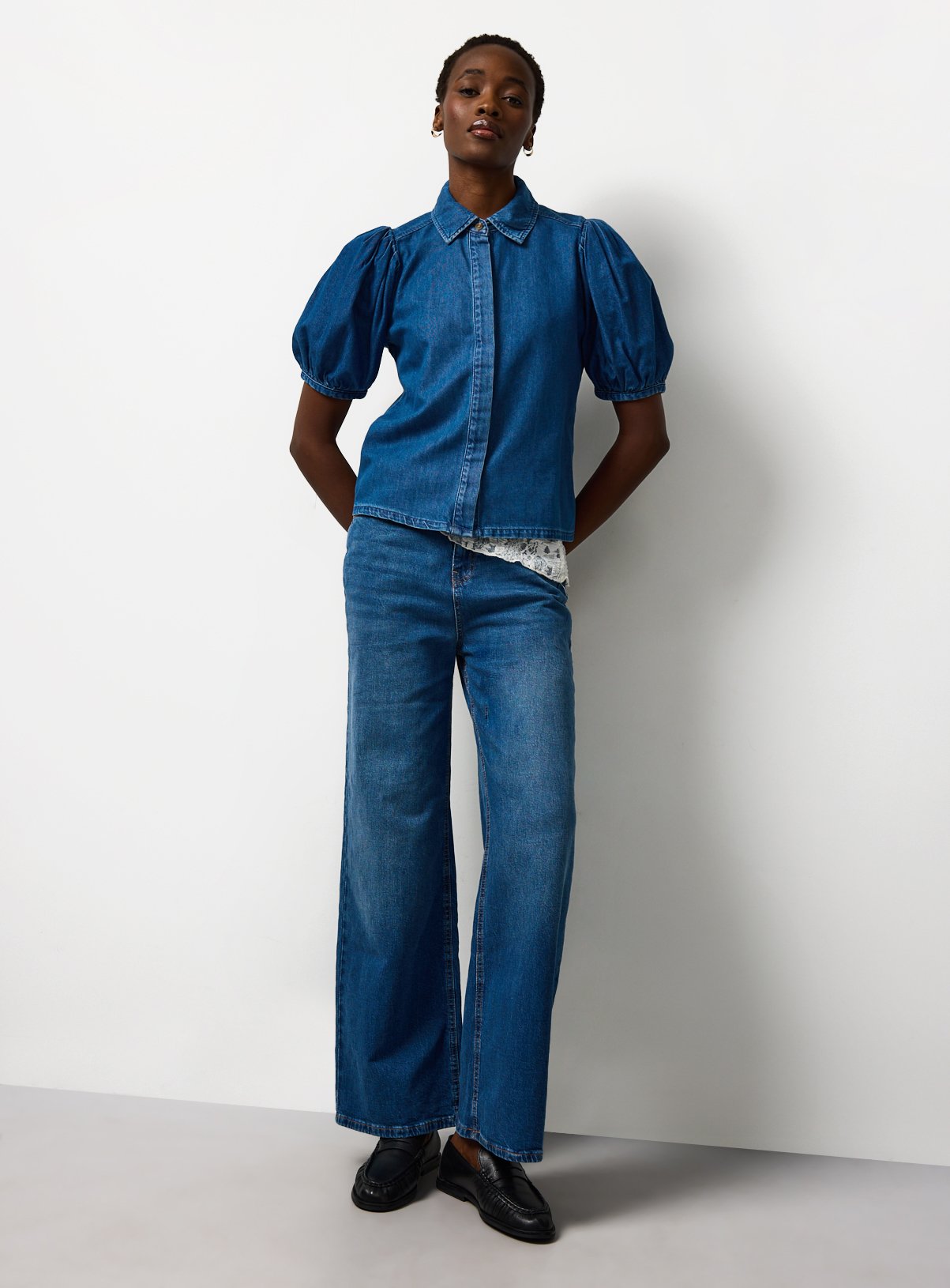 Mid Blue Denim Volume Sleeve Shirt 