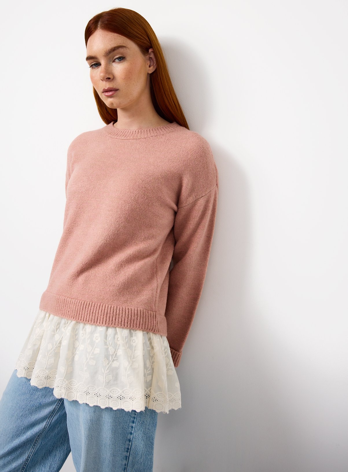 Pink Broderie Hem 2 in 1 Longline Jumper  