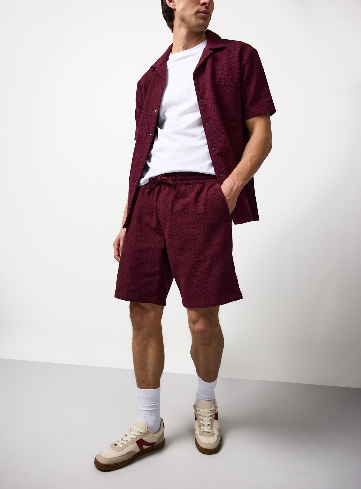 Dark Red Textured Seersucker Co-ord Shorts XXXXL