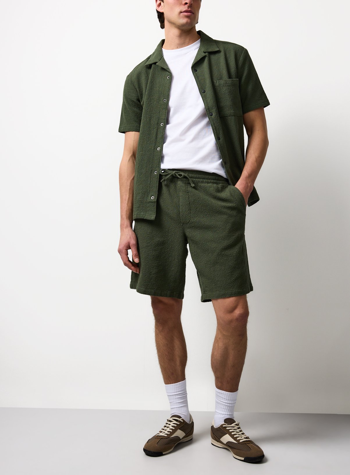 Khaki Textured Seersucker Co-ord Shorts L