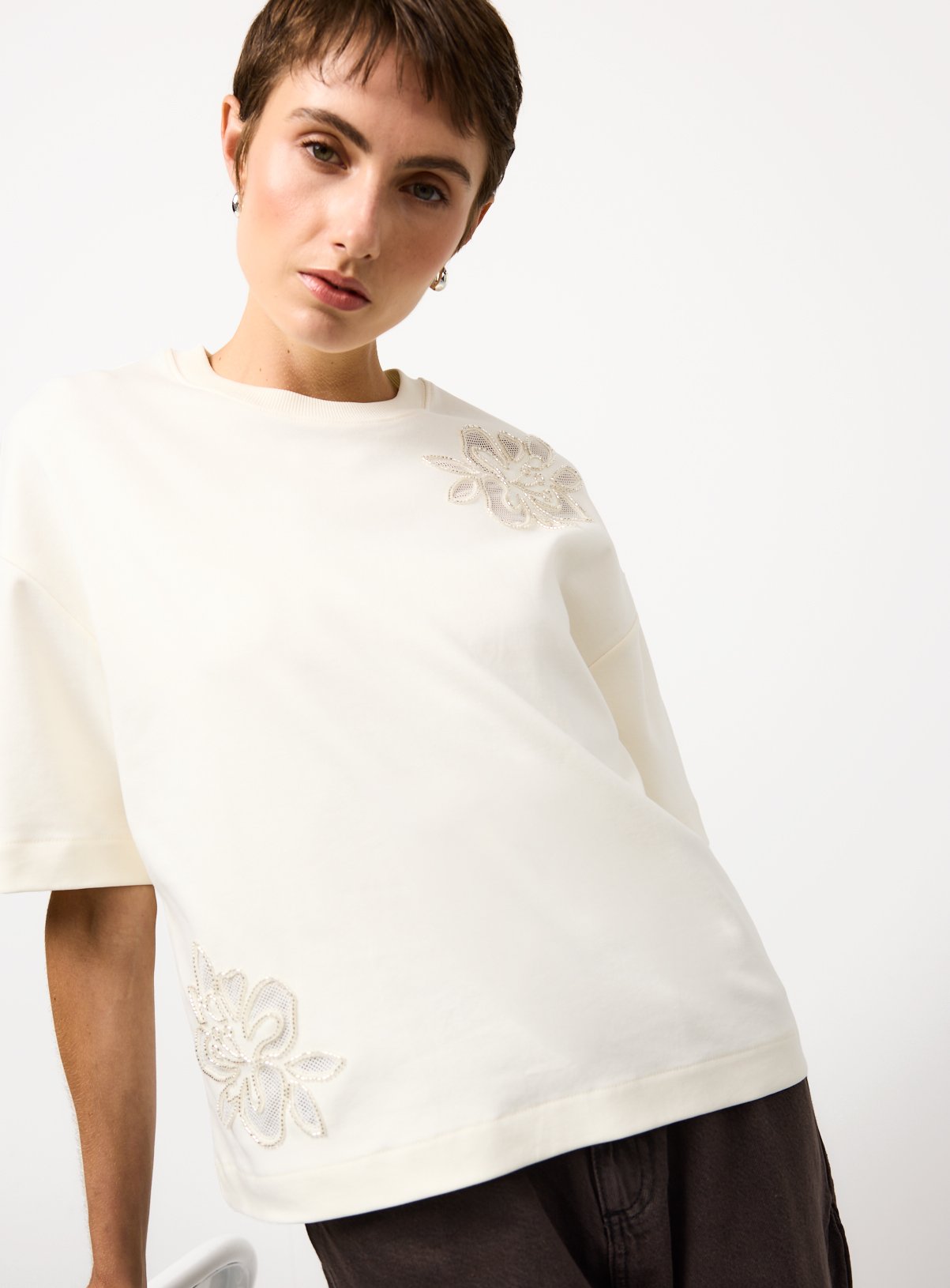 Cream Floral Placement Boxy T-Shirt S