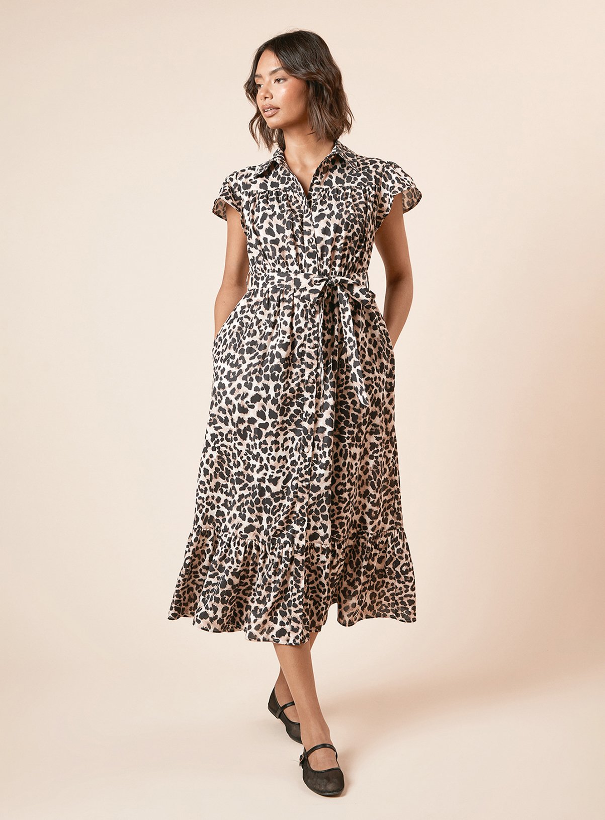 DOROTHY PERKINS Leopard Frill Sleeve Belted Midi Shirt Dress