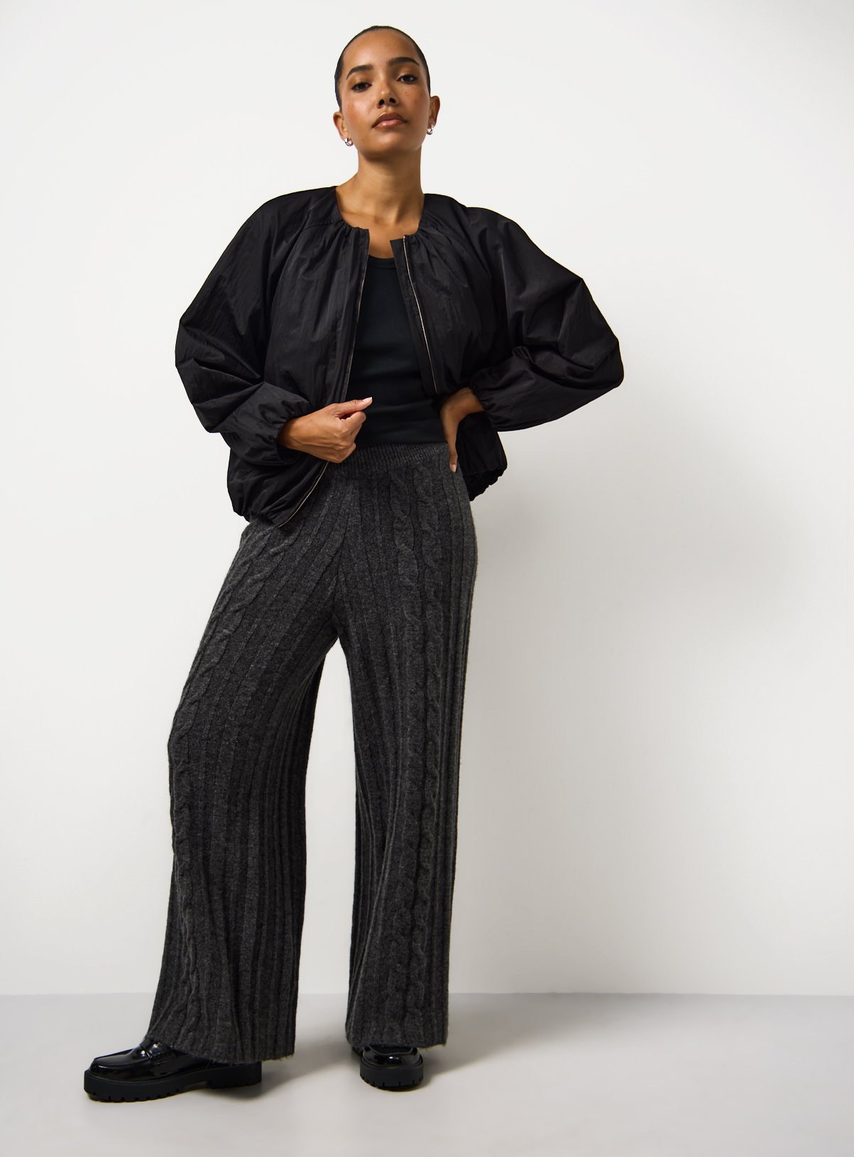 Charcoal Wide Leg Cable Knitted Trousers 