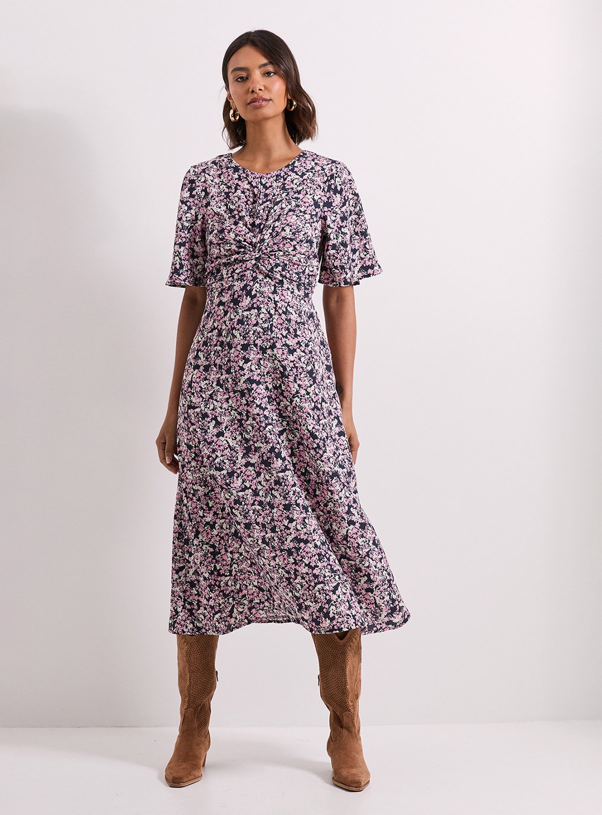 DOROTHY PERKINS Pink Floral Twist Front Angel Sleeve Midi Dress