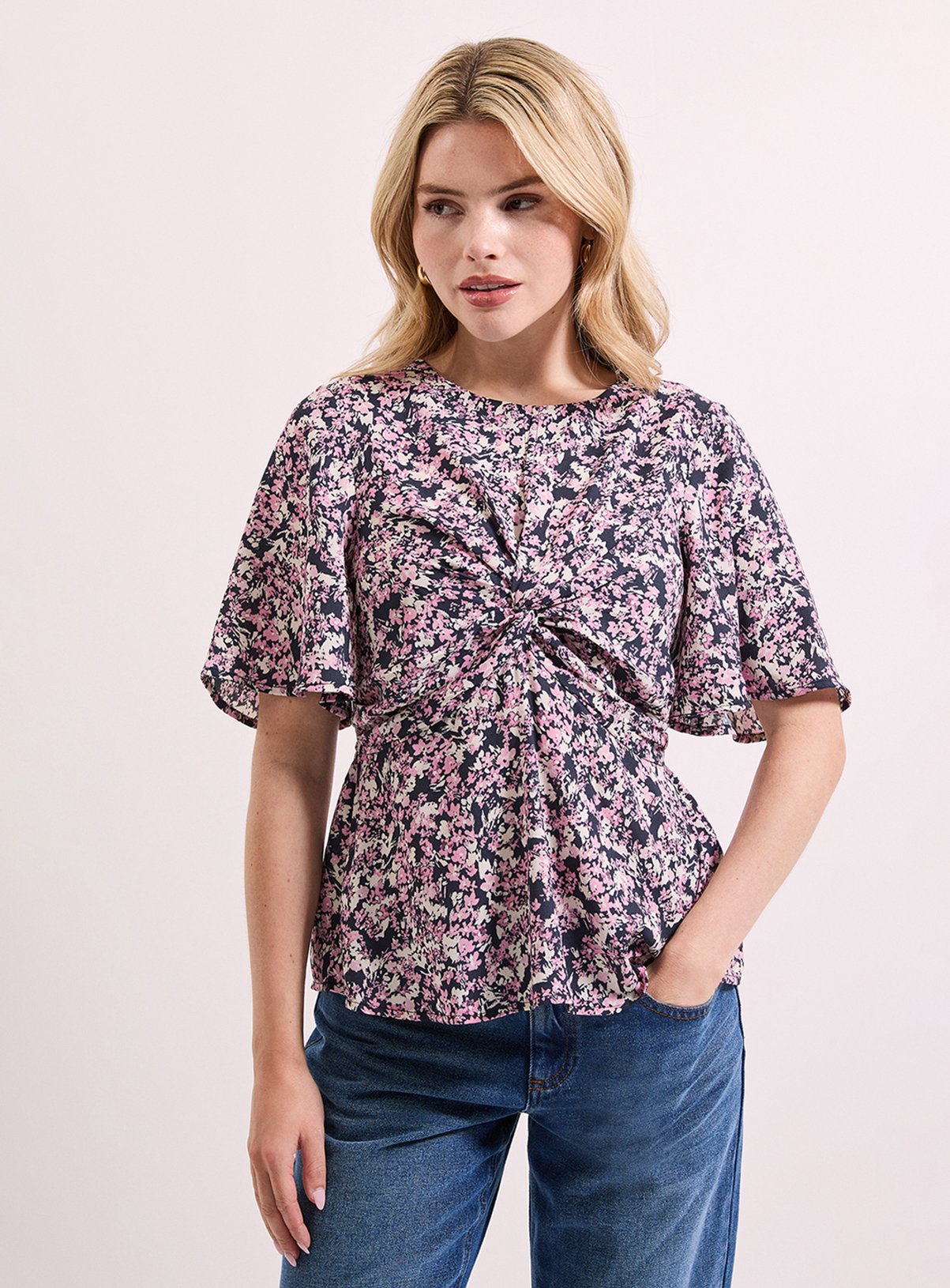 DOROTHY PERKINS Pink Floral Twist Front Angel Sleeve Top