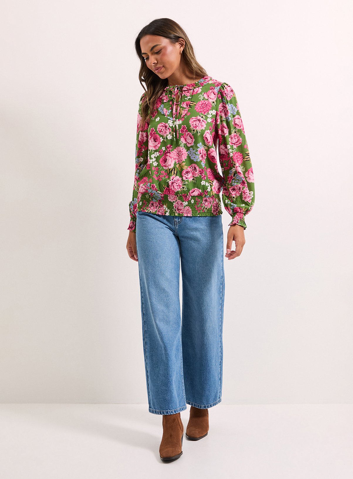 DOROTHY PERKINS Floral Shirred Hem Tie Front Long Sleeve Top