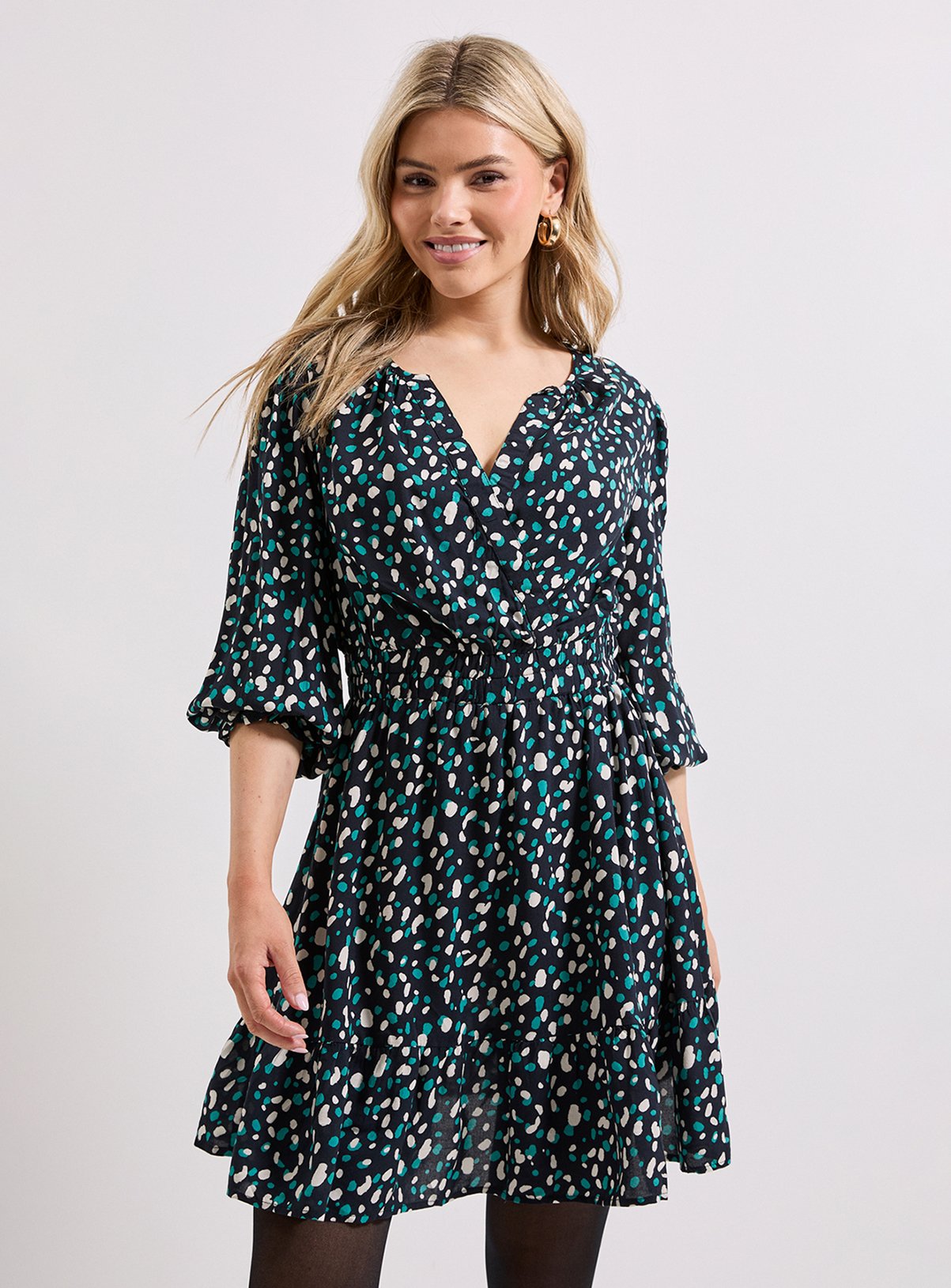 DOROTHY PERKINS Black Abstract Wrap Front Blouson Sleeve Mini Dress