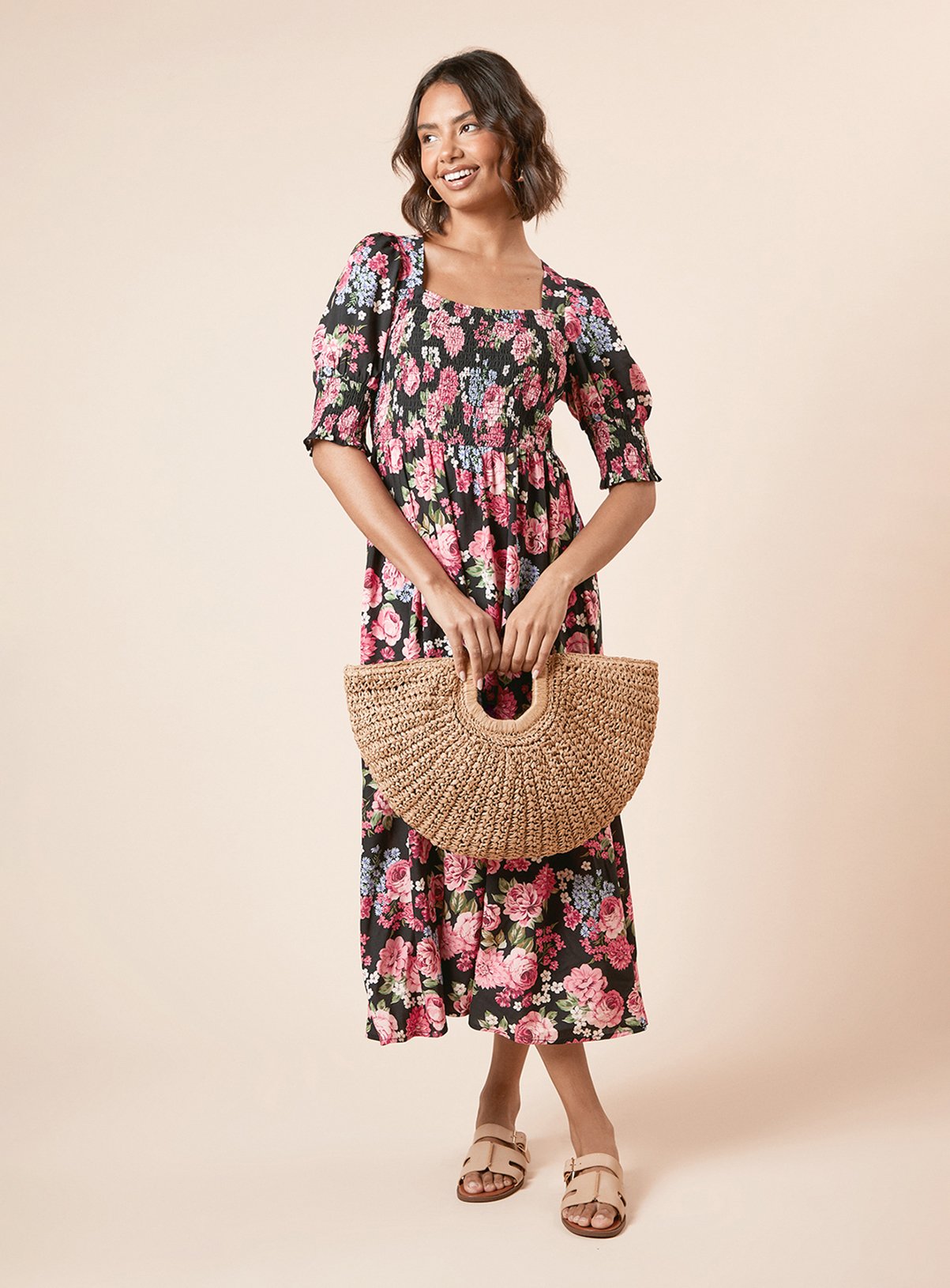 DOROTHY PERKINS Black Floral Shirred Bodice Puff Sleeve Square Neck Midi Dress 