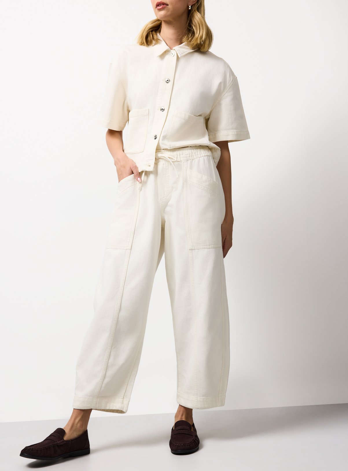 Ecru Pull On Barrel Leg Co-ord Jeans 