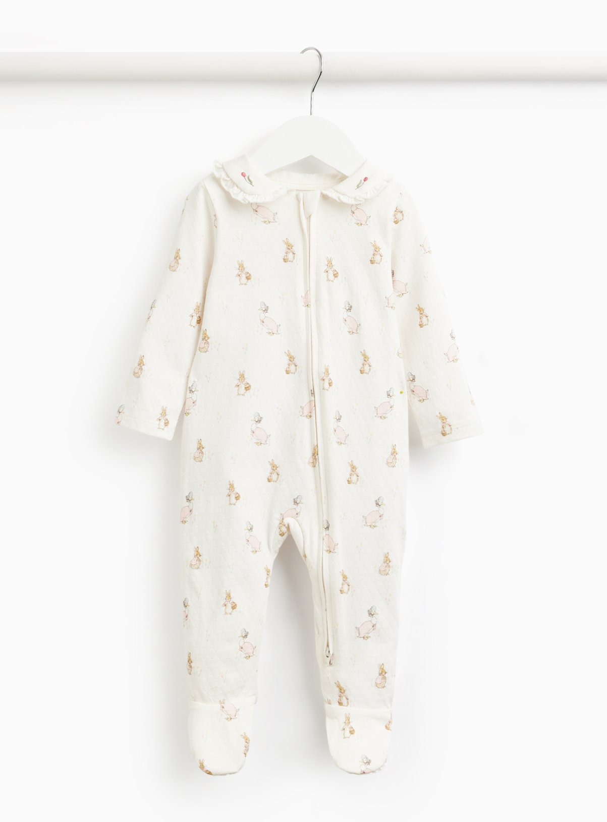Cream Peter Rabbit Print Frilly Collar Sleepsuit