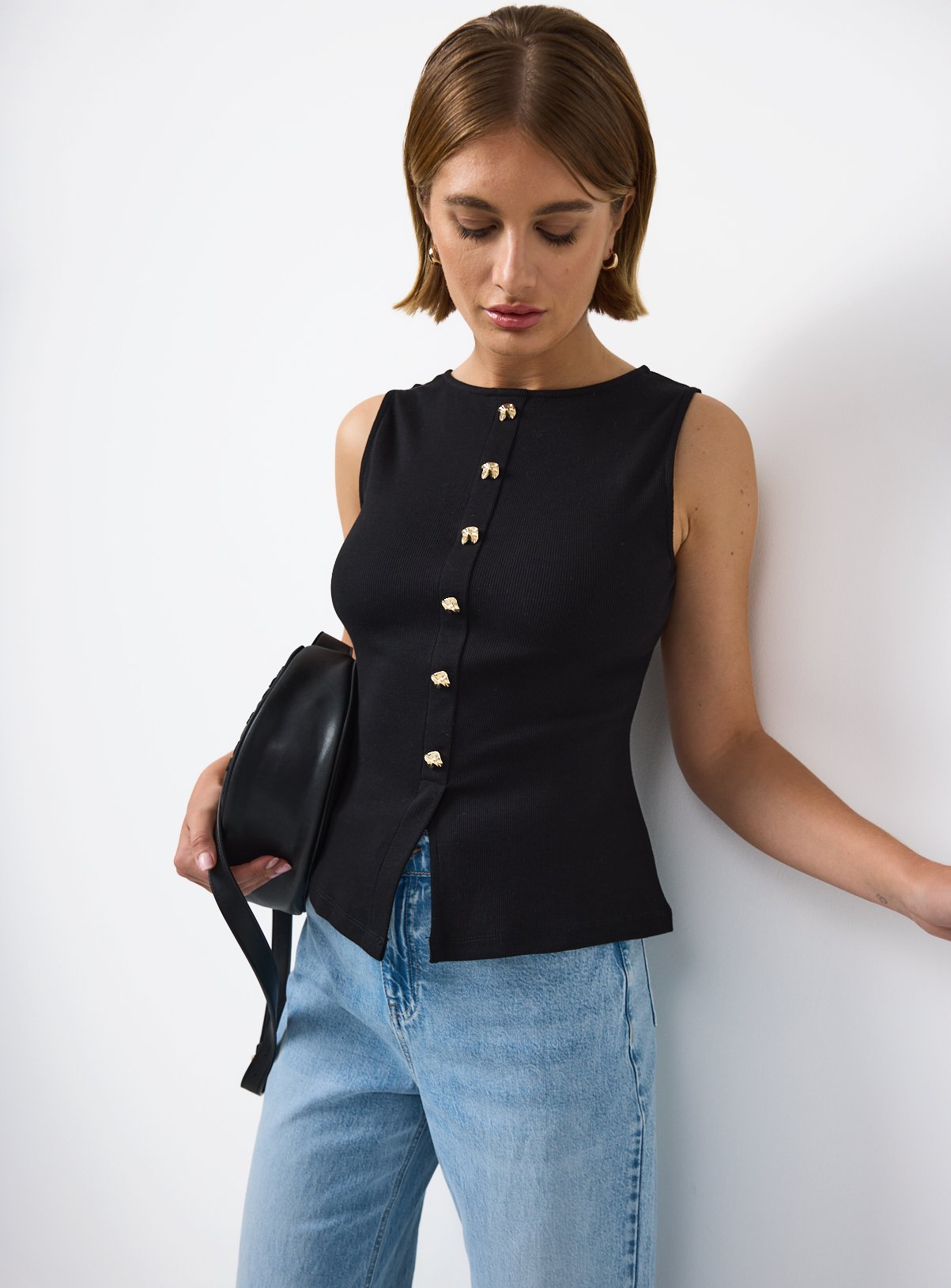 Buy Black Sleeveless Gold Button Detail Top 10 Camisoles and