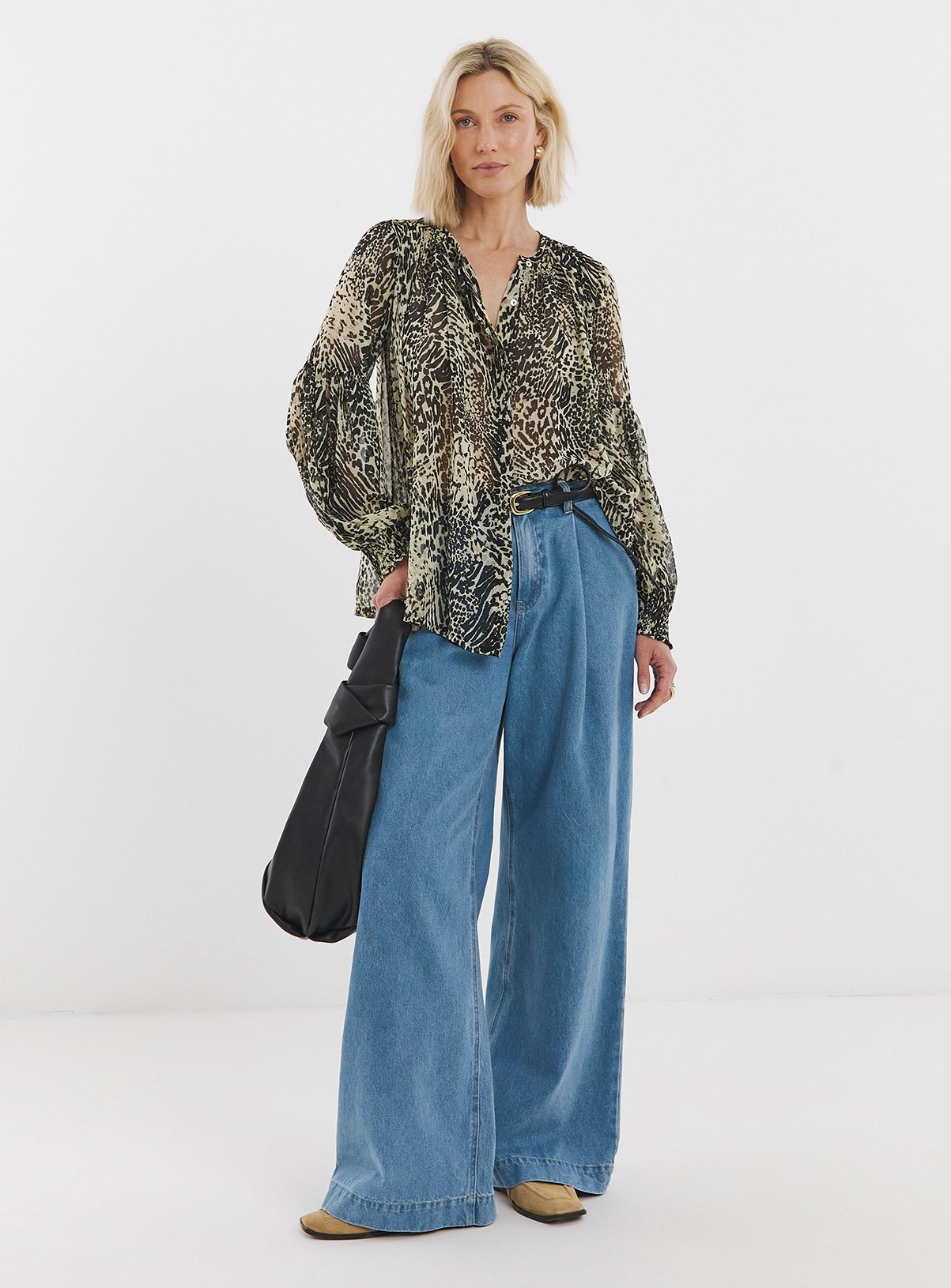 JD WILLIAMS Georgette Collarless Blouson Sleeve Blouse Natural Print 