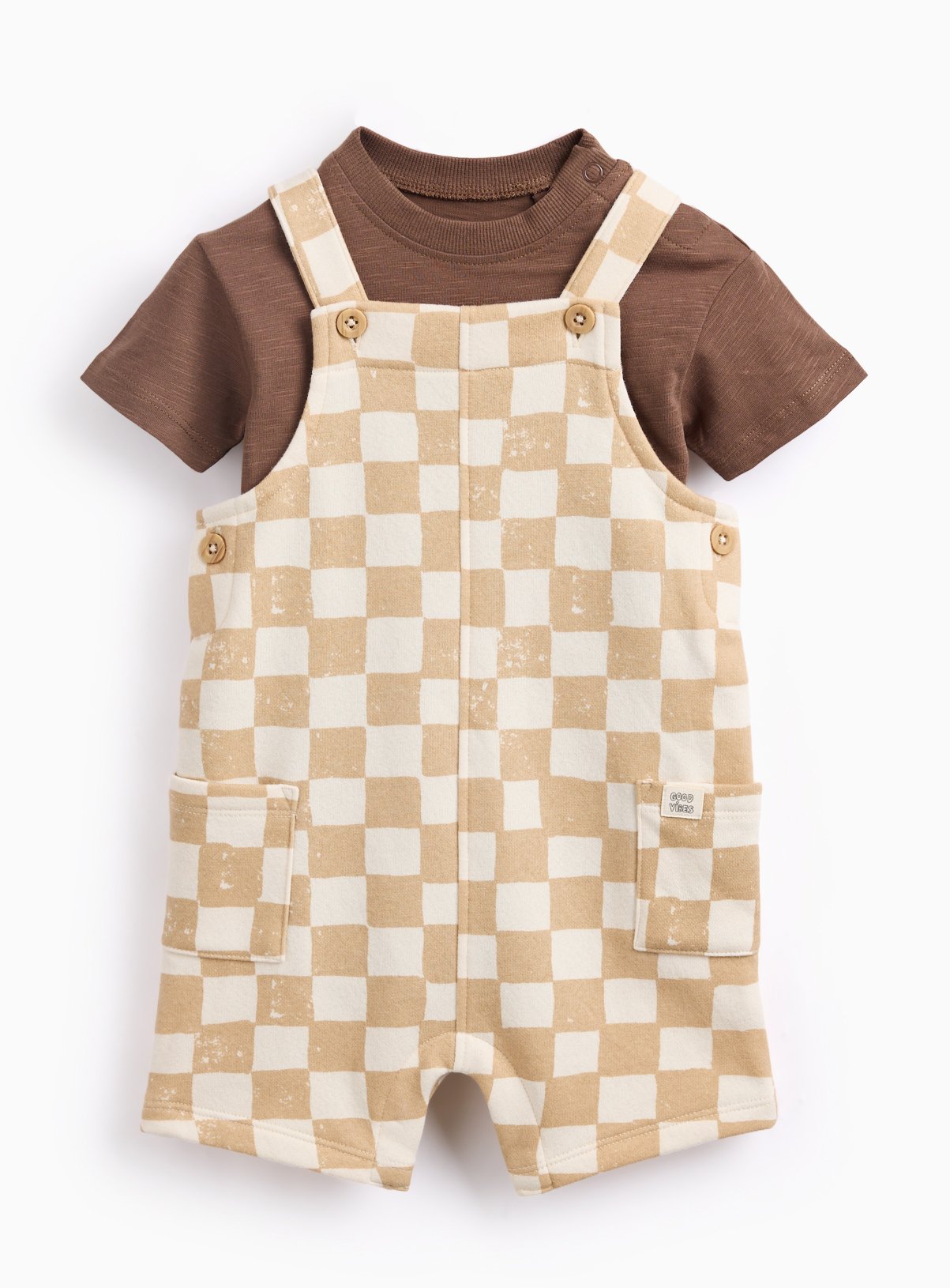 Cream Checkered & Brown Dungaree & Bodysuit Set 
