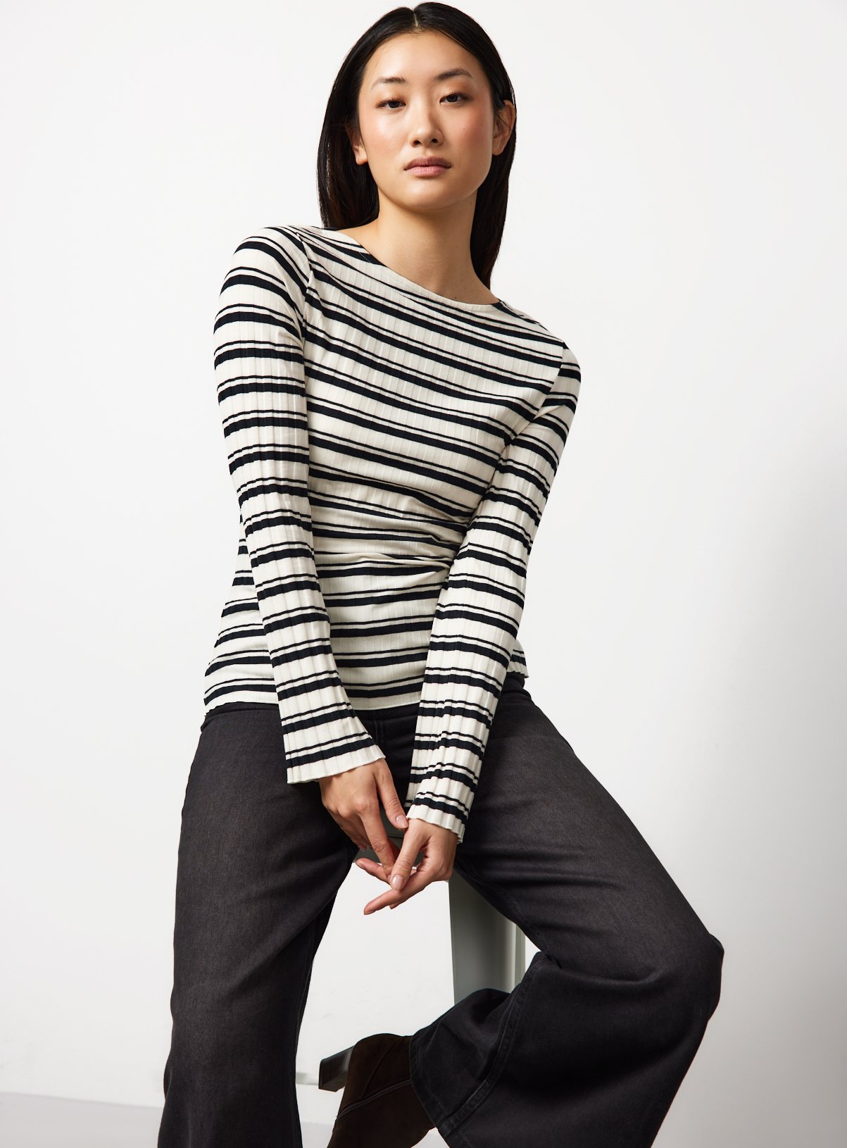 Stripe Ribbed Fluted Sleeve Top 