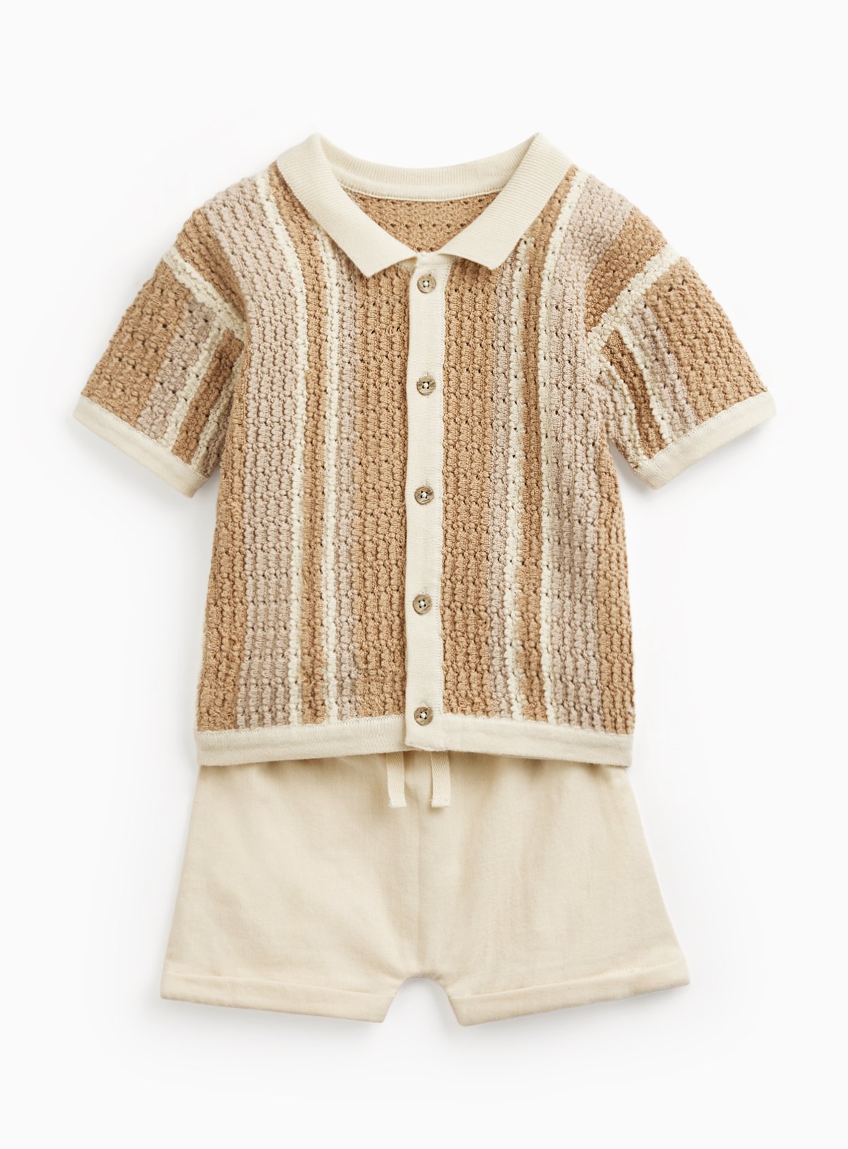 Cream Stripe Knitted Shirt & Shorts Set