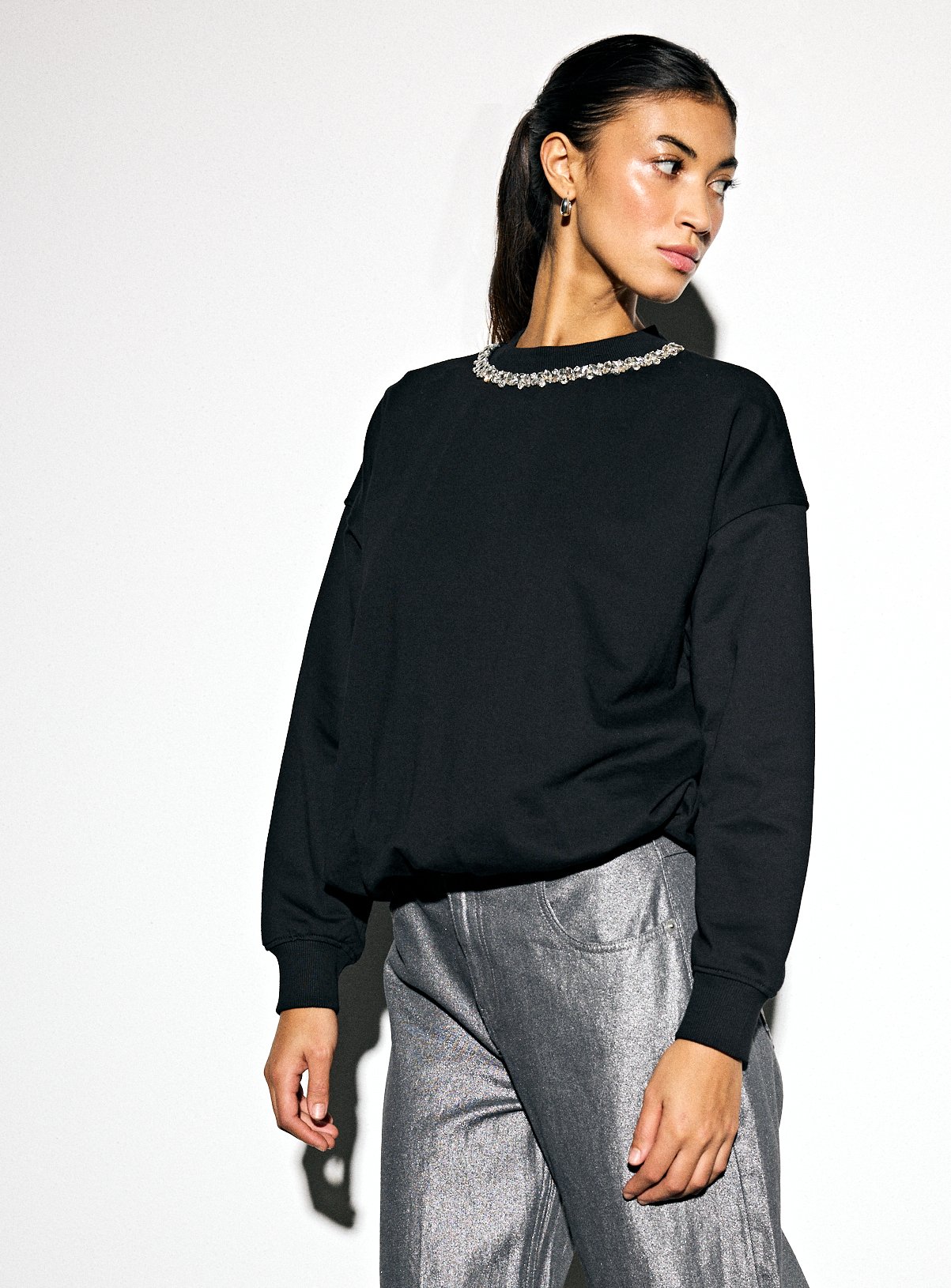 Black Embellished Necklace Bubble Hem Sweatshirt 
