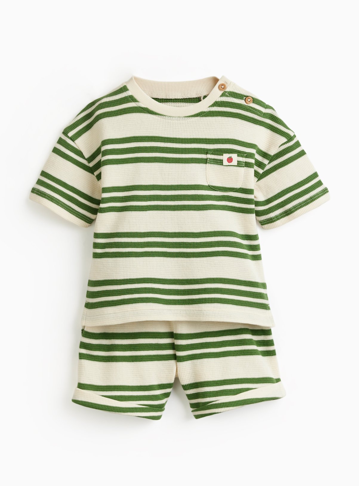 Green Double Stripe Print T-Shirt & Shorts Set 