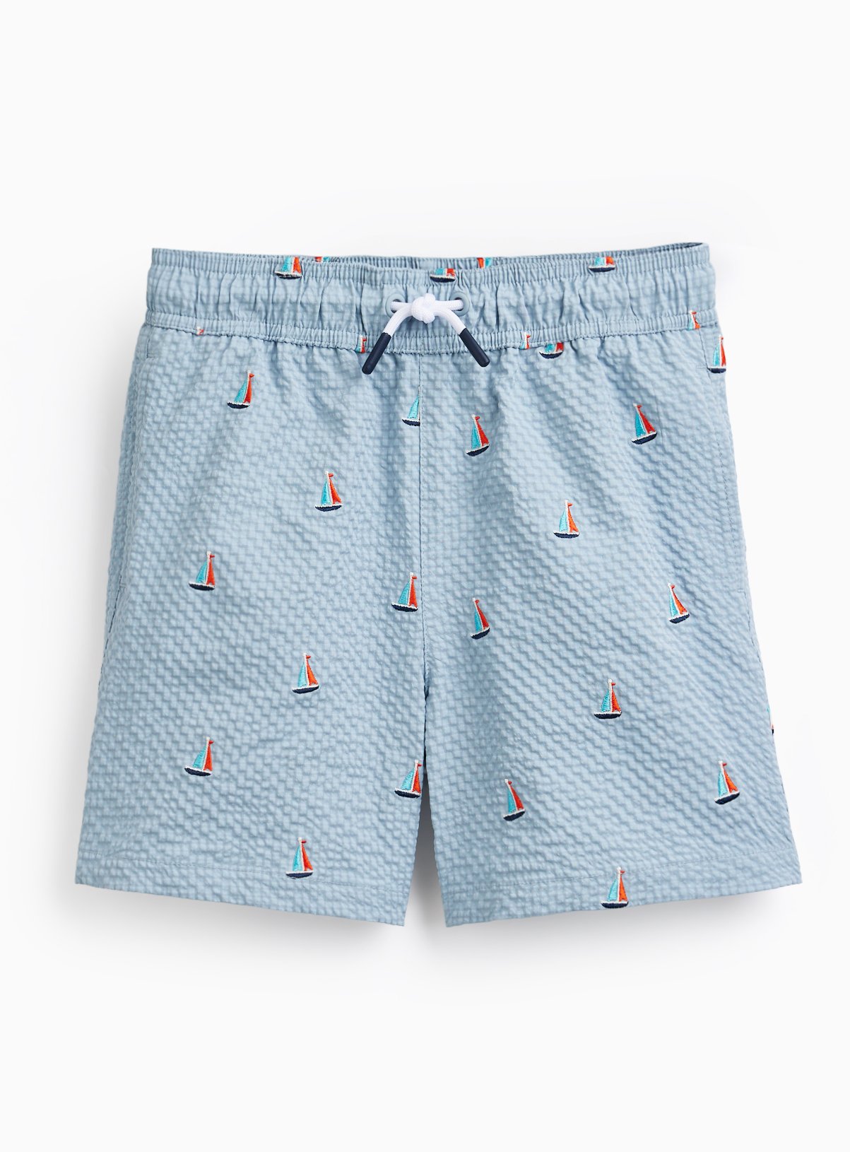 Mini Me Blue Boat Print Seersucker Swim Shorts