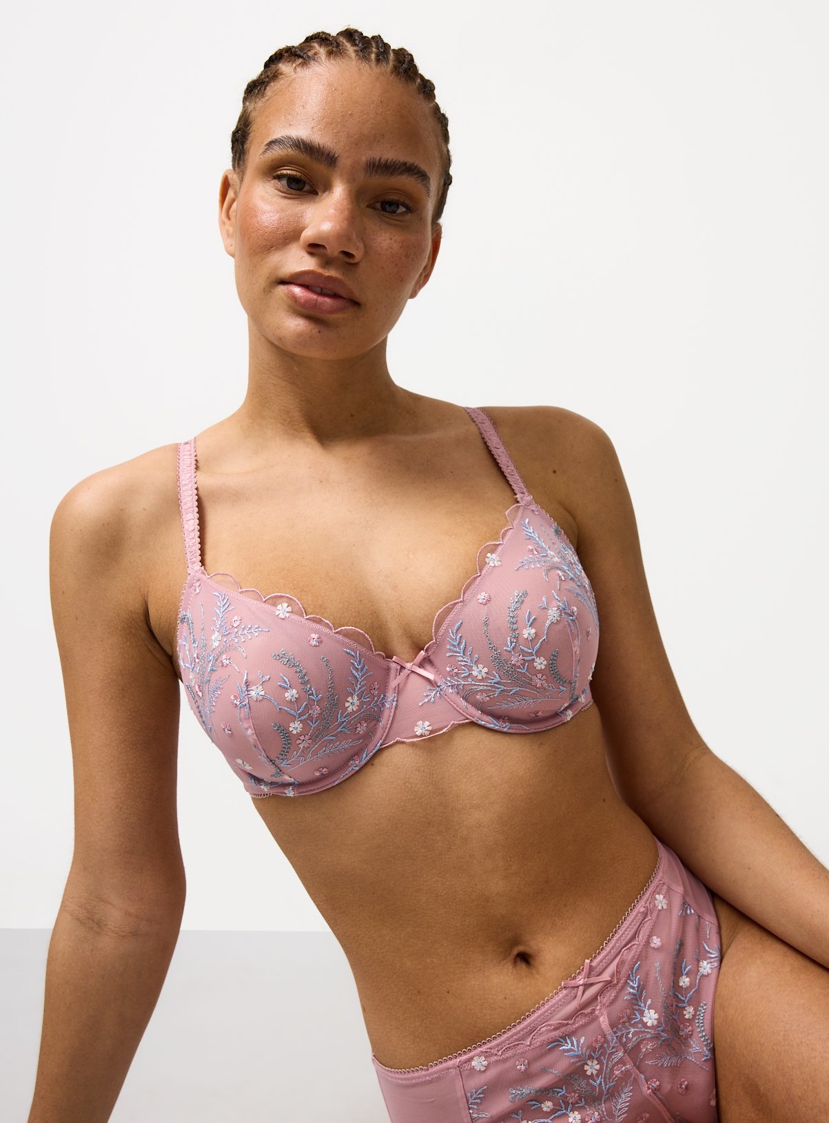 Pink Floral Embroidered Plunge Bra