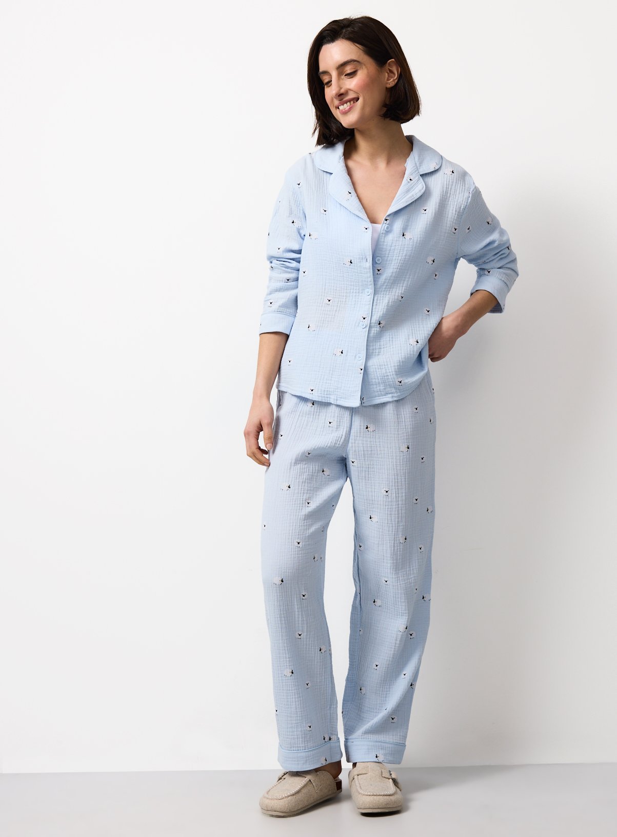 Blue Easter Sheep Print Double Cloth Traditional Pyjamas