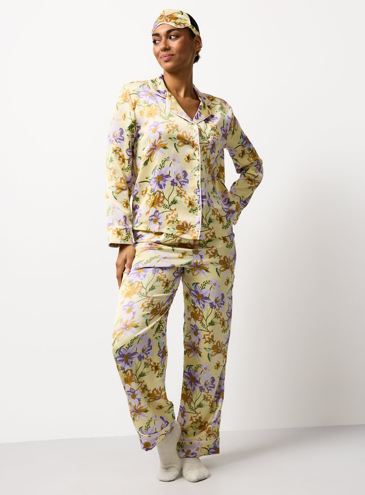 Yellow Large Floral Print Traditional Satin Pyjamas