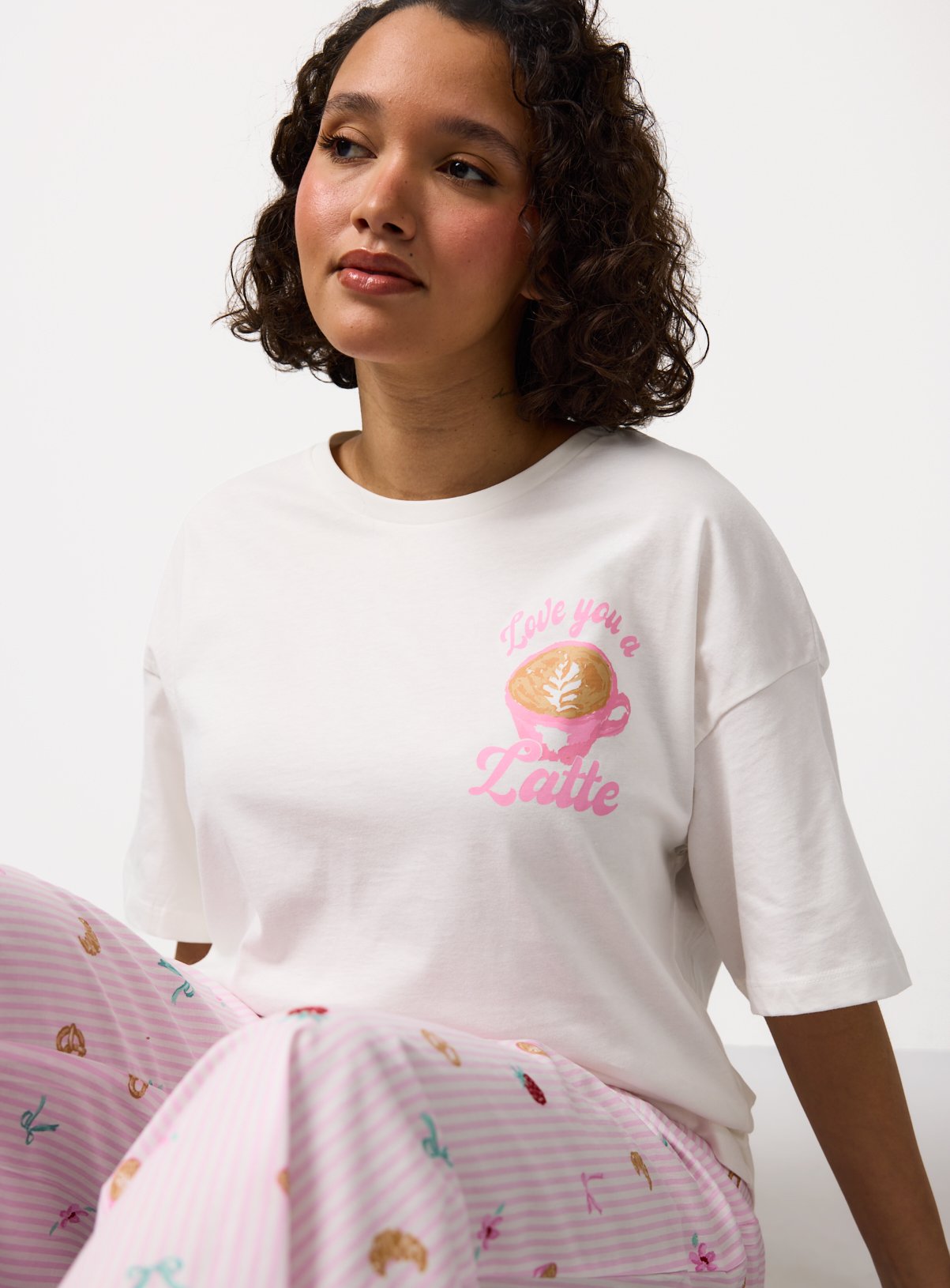 White & Pink Latte Print Jersey Pyjamas 