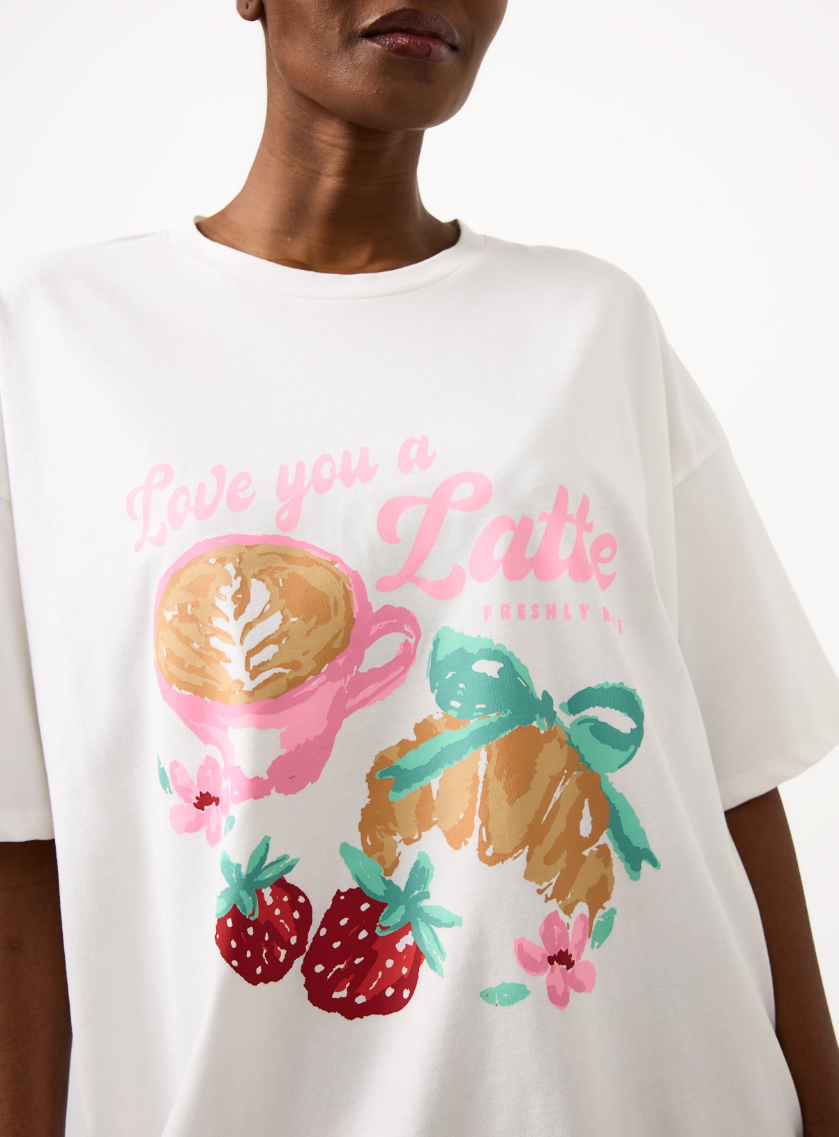 White Latte Print Oversized Sleep T-Shirt S