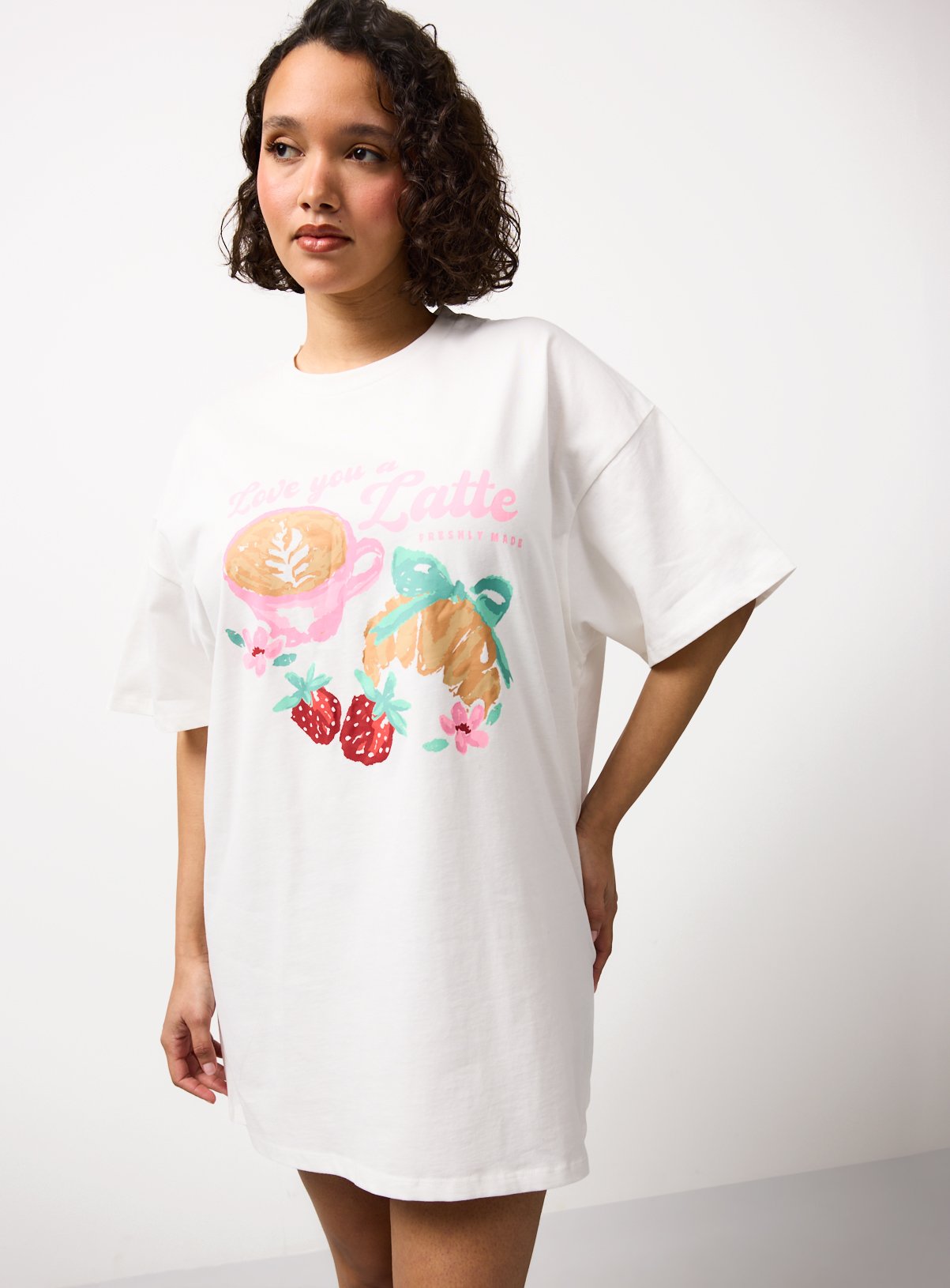 White Latte Print Oversized Sleep T-Shirt 