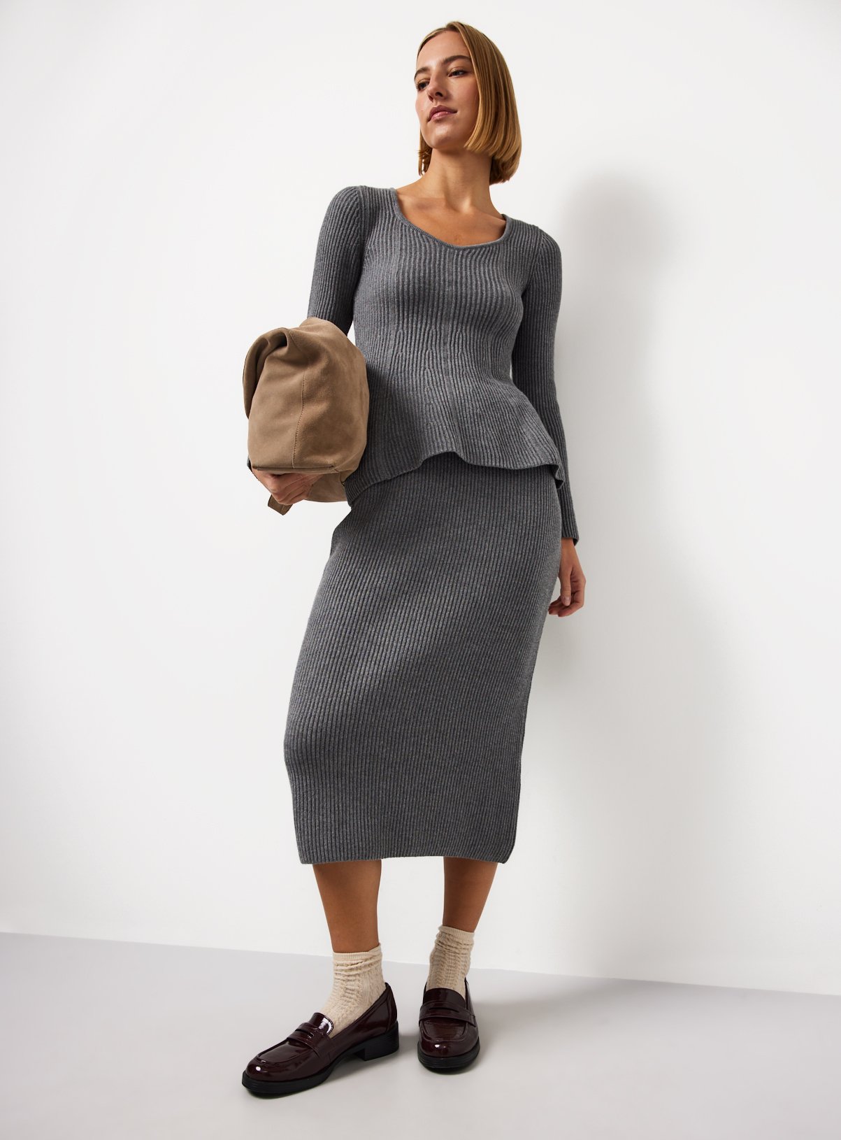 Grey Compact Knit Peplum Hem Co-ord Top 