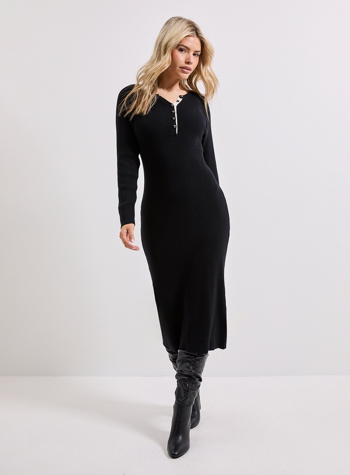 DOROTHY PERKINS Black Henley Crew Knitted Midi Dress 