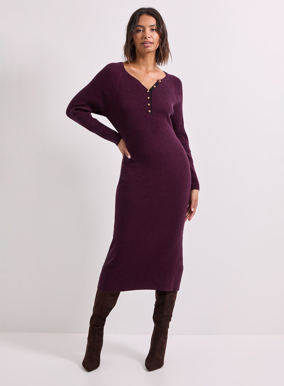 DOROTHY PERKINS Burgundy Henley Crew Knitted Midi Dress 