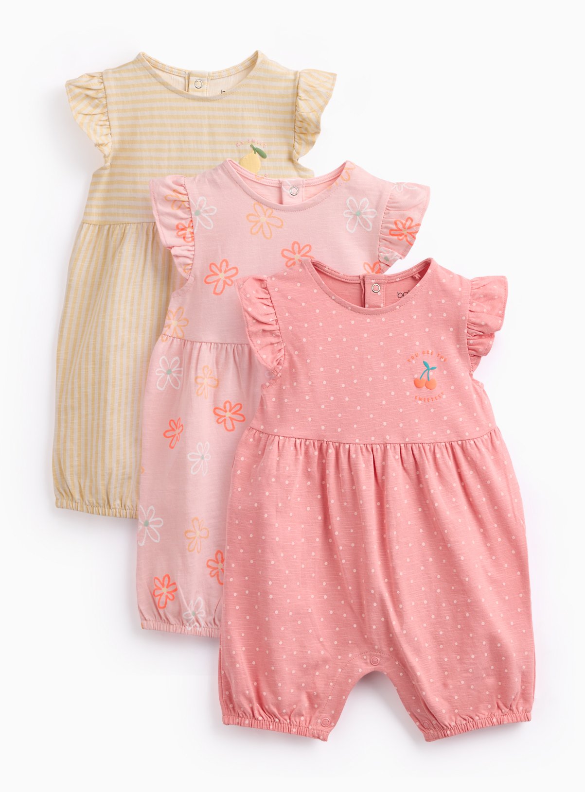 Pink & Cream Printed Frill Sleeve Rompers 3 Pack
