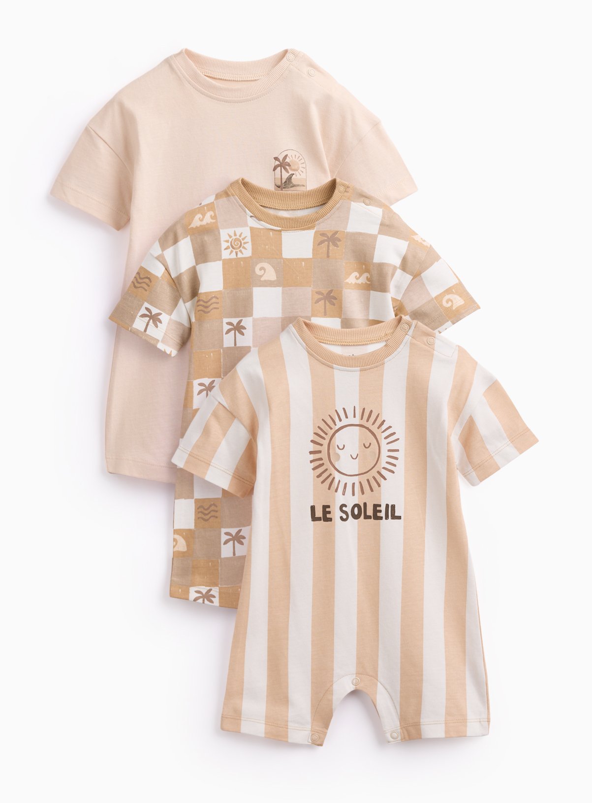 Brown Sun Print Short Sleeve Rompers 3 Pack