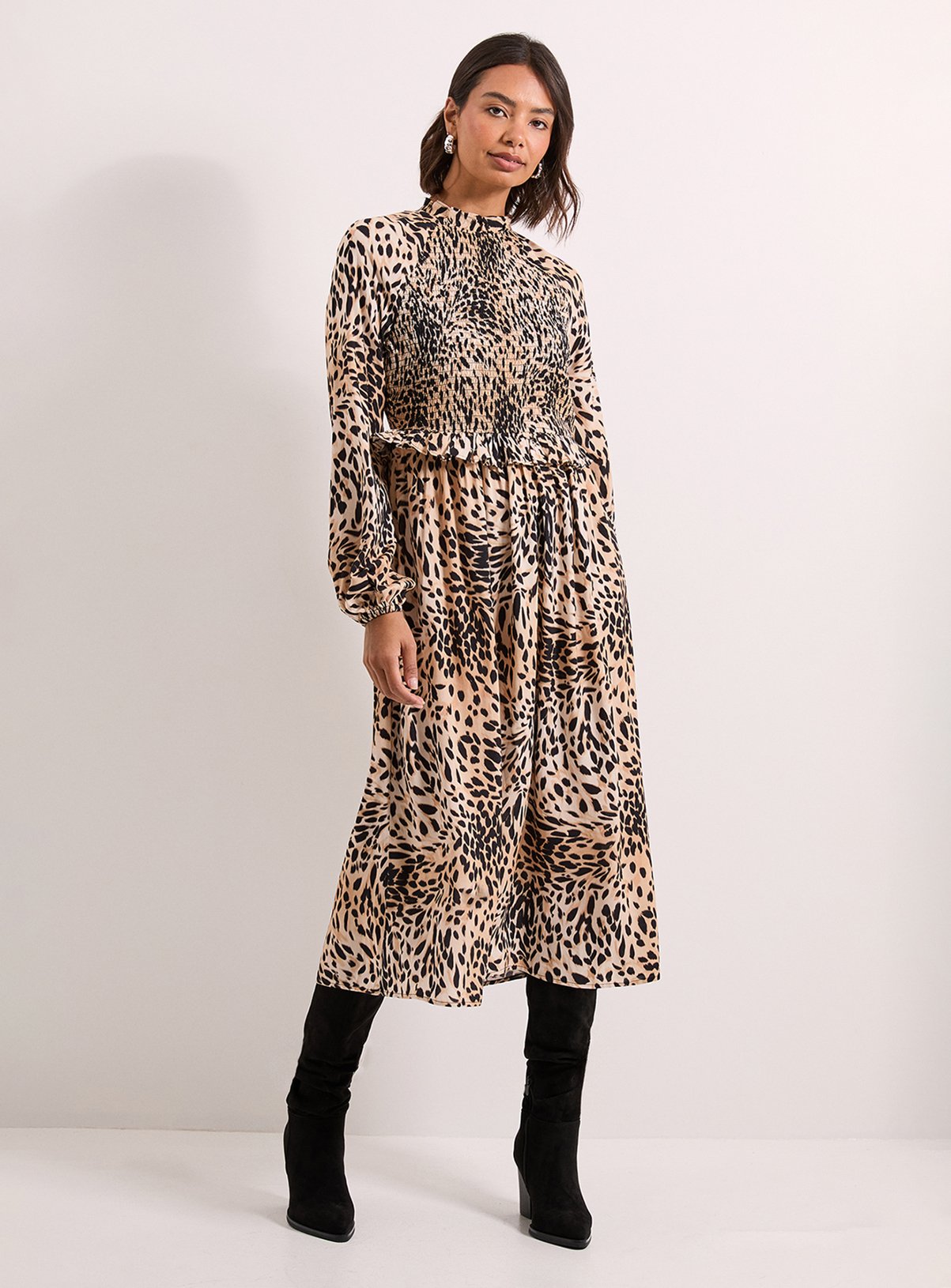 DOROTHY PERKINS Animal Shirred Bodice Frill Detail Midi Dress 16