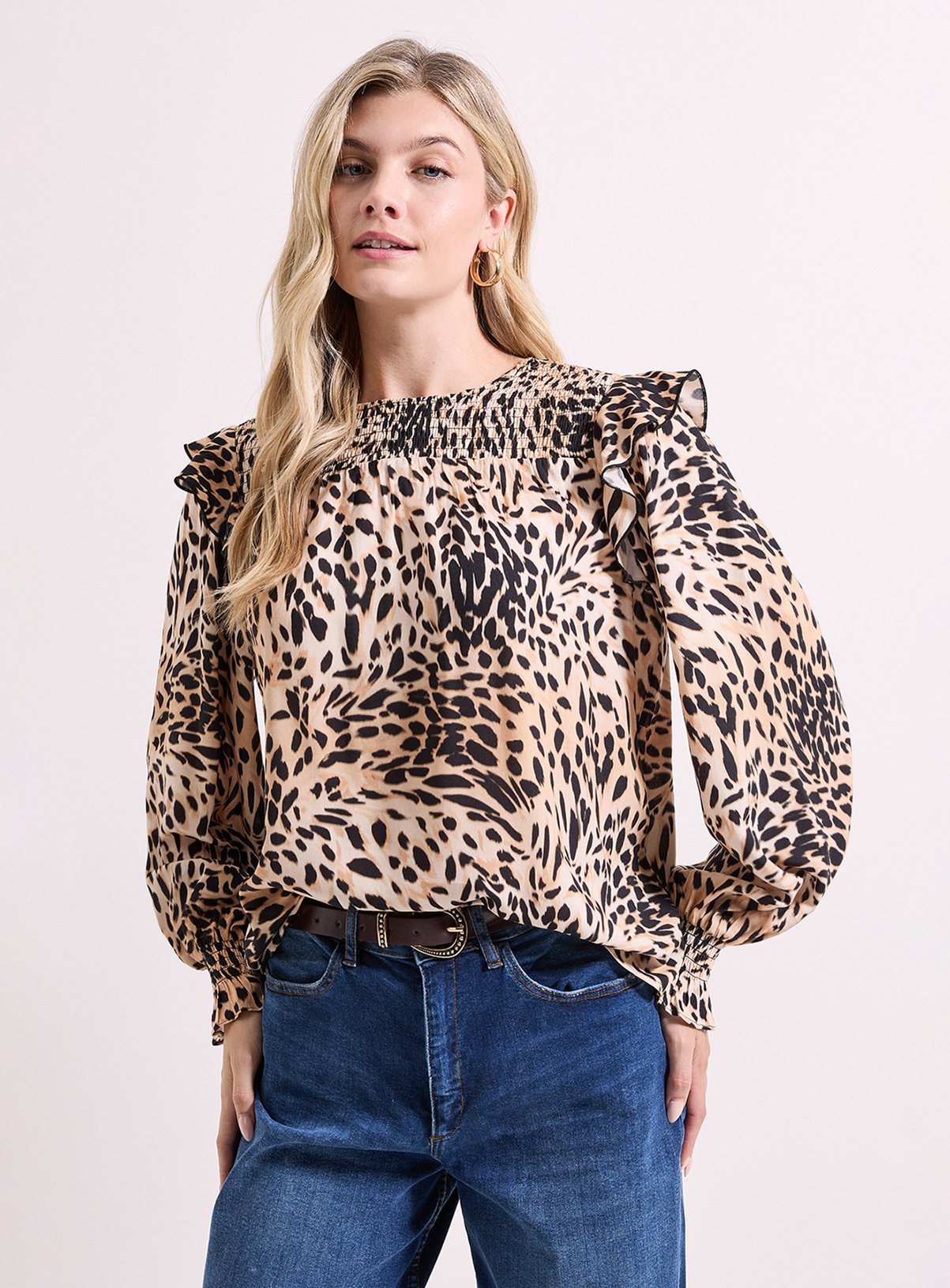 DOROTHY PERKINS Animal Printed Shirred Yoke Frill Detail Top 